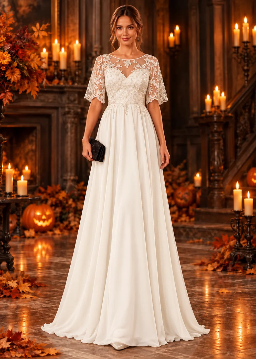 Front view of the ivory evening gown with an illusion flutter-sleeve bodice and a tonal lace chiffon skirt.