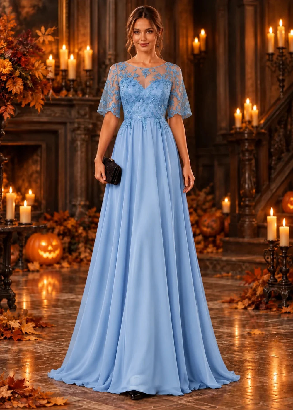 Front view of the light blue evening gown with an illusion flutter-sleeve bodice and a tonal lace chiffon skirt.