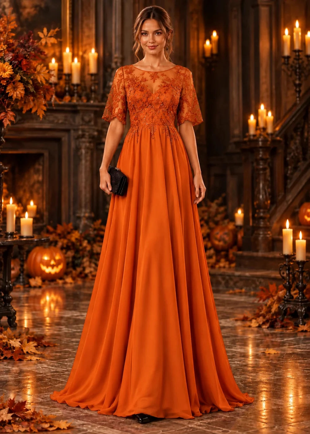 Front view of the pumpkin orange evening gown with an illusion flutter-sleeve bodice and a tonal lace chiffon skirt.