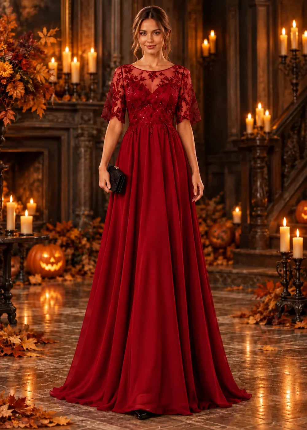 Front view of the red evening gown with an illusion flutter-sleeve bodice and a tonal lace chiffon skirt.