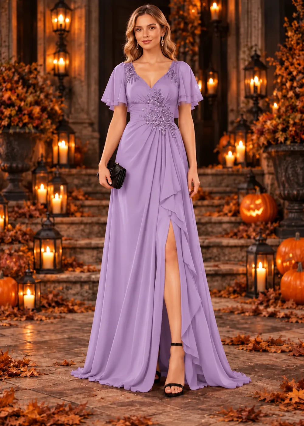 Front view of the lavender evening gown with a V-neckline, flutter sleeves and a ruffled slit skirt.