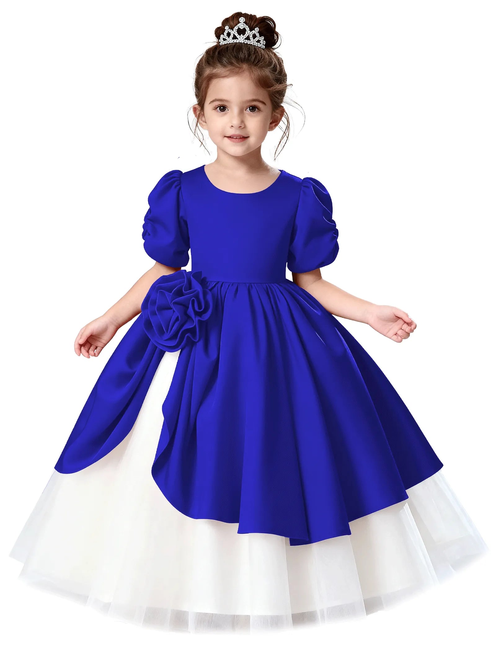 Satin Puff Sleeve Flower Girl Dress with Layered Skirt