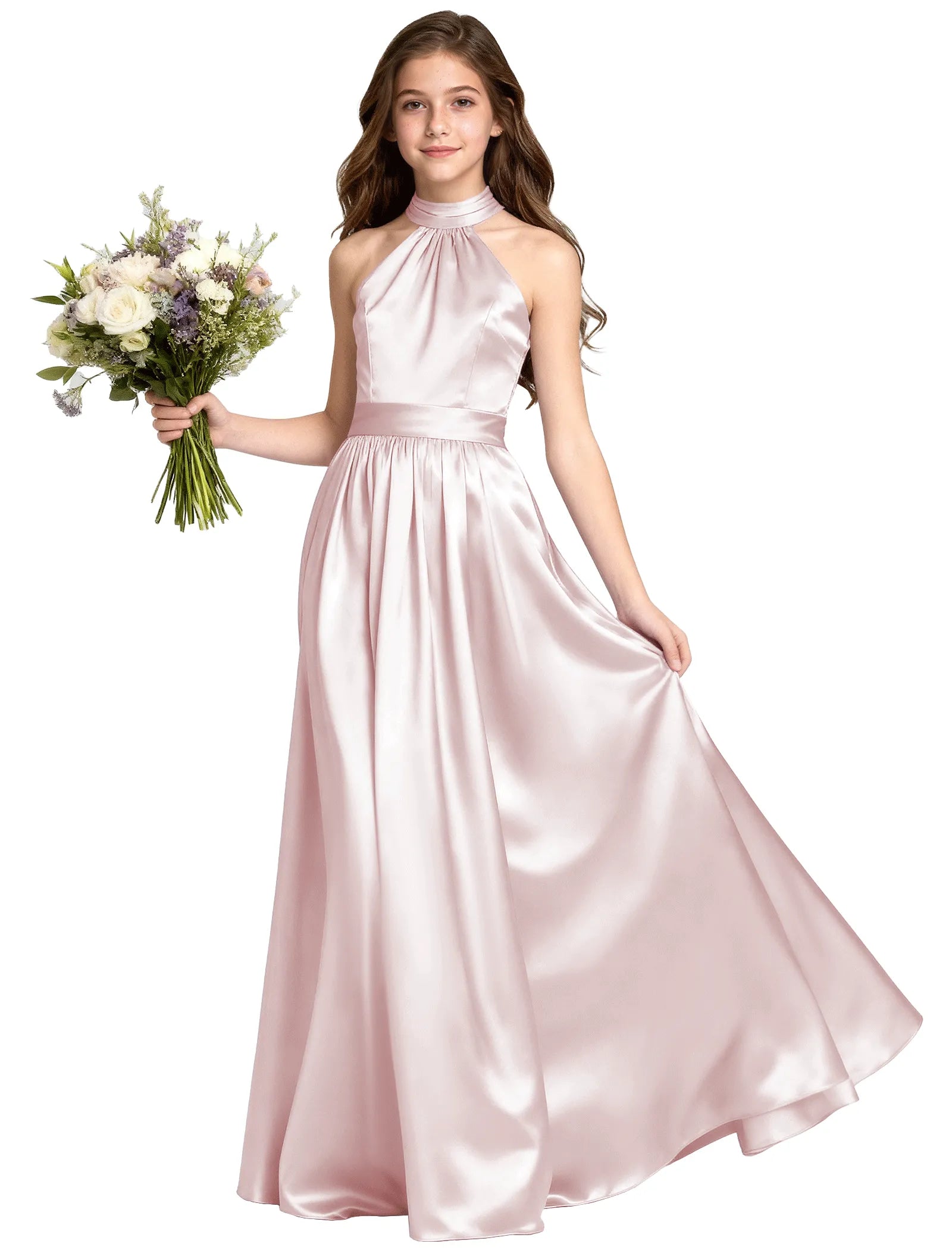 Girls Satin Halter Formal Dress With Elegant A-Line Skirt