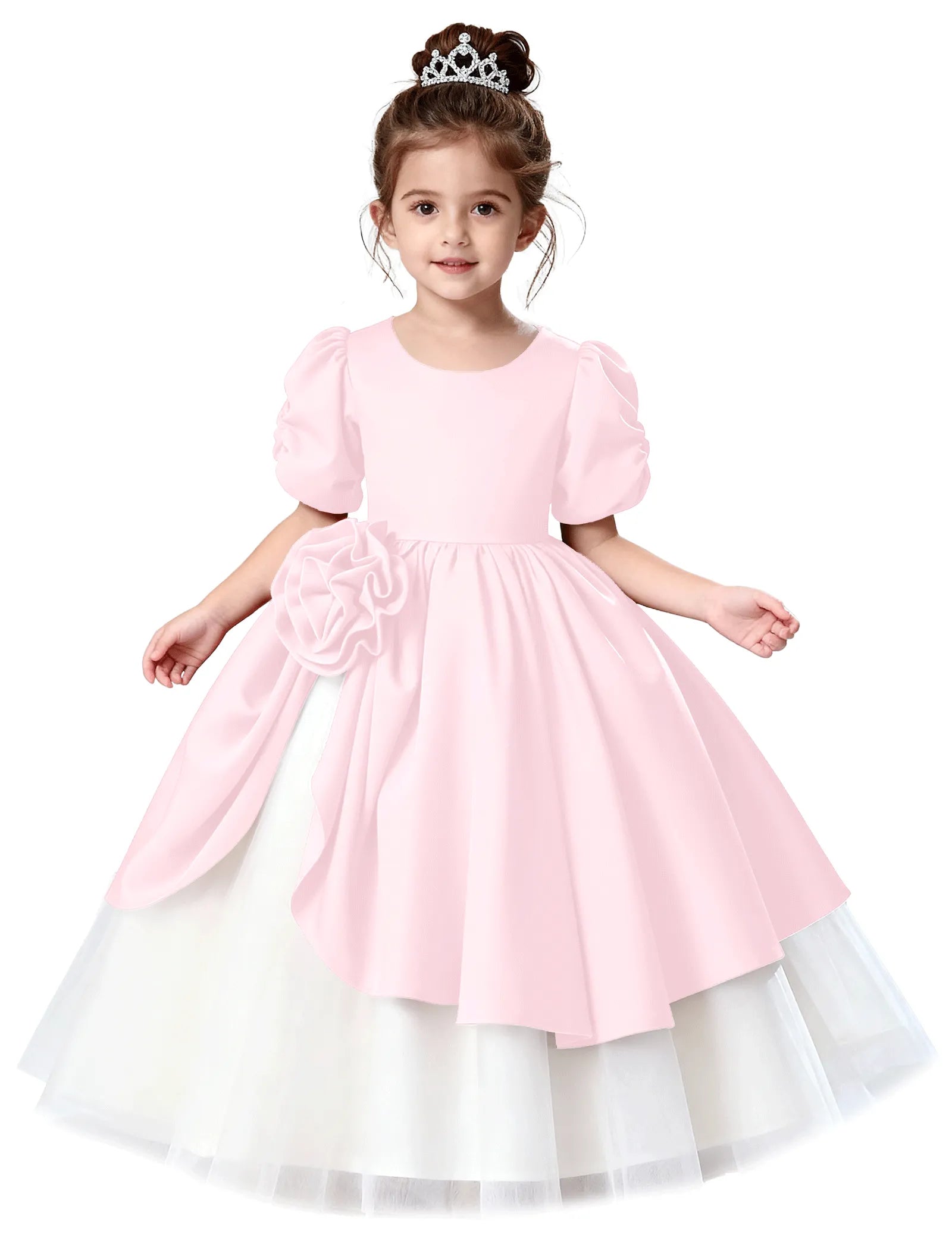 Satin Puff Sleeve Flower Girl Dress with Layered Skirt