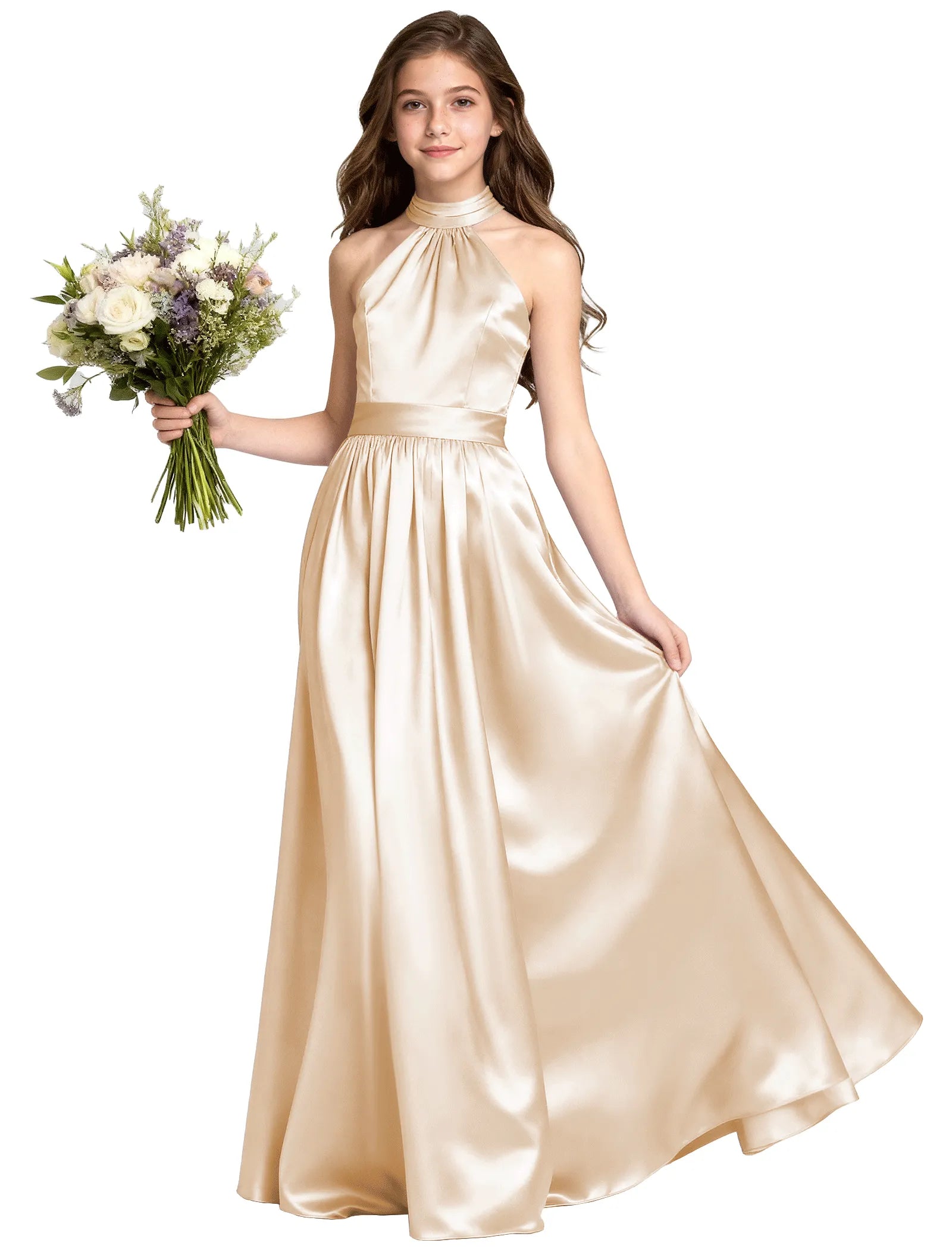 Girls Satin Halter Formal Dress With Elegant A-Line Skirt
