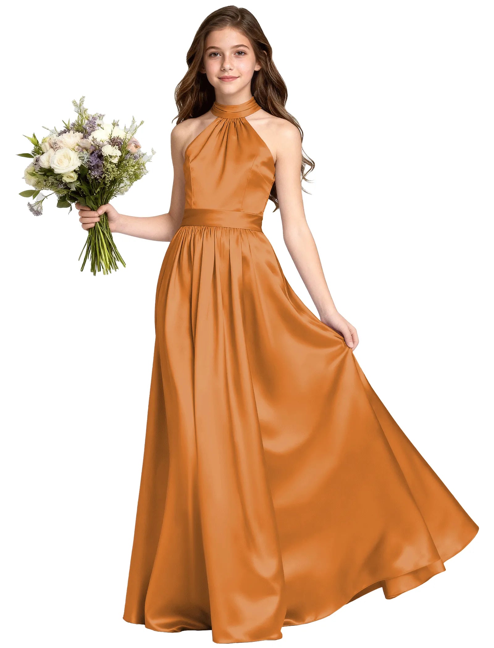 Girls Satin Halter Formal Dress With Elegant A-Line Skirt