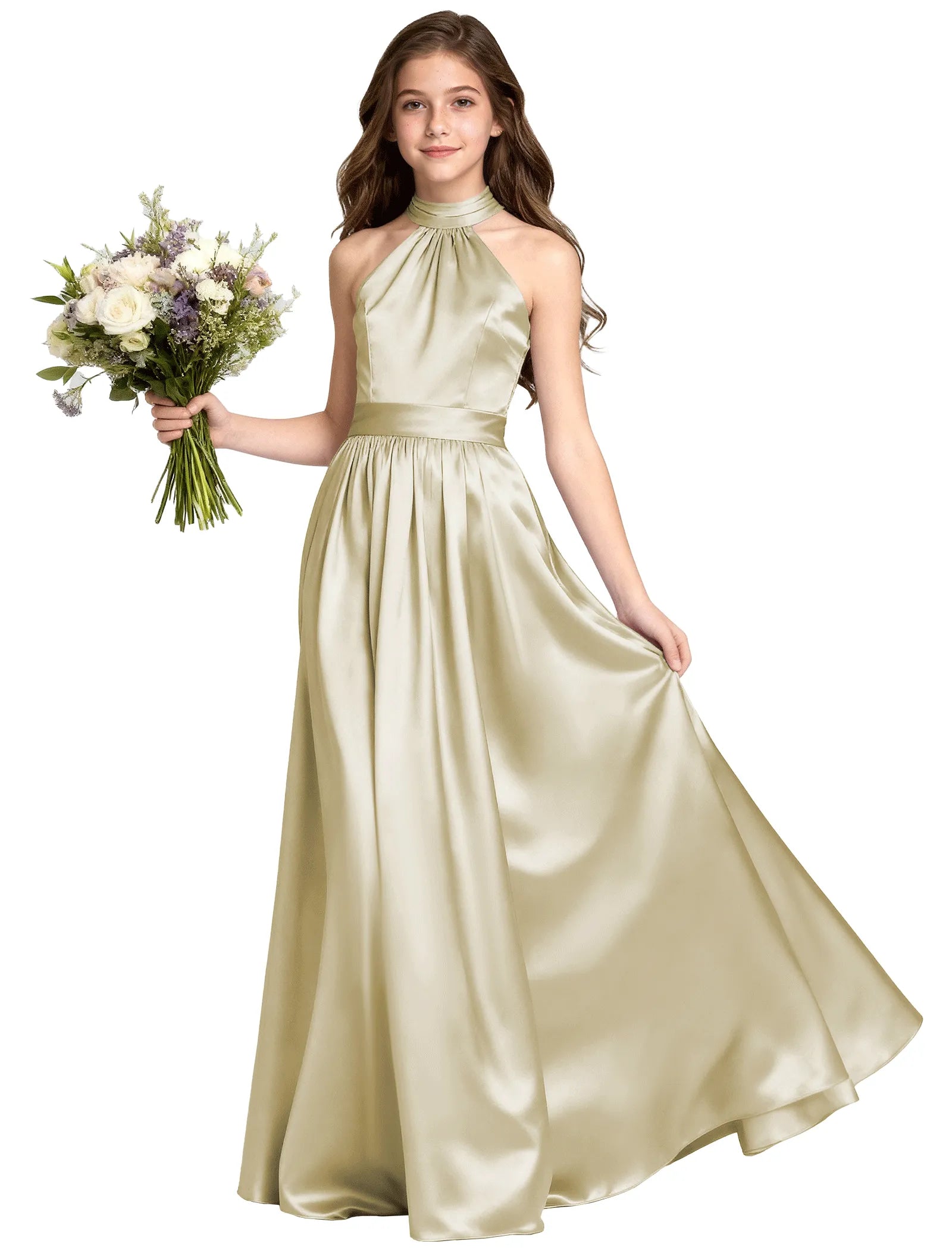 Girls Satin Halter Formal Dress With Elegant A-Line Skirt