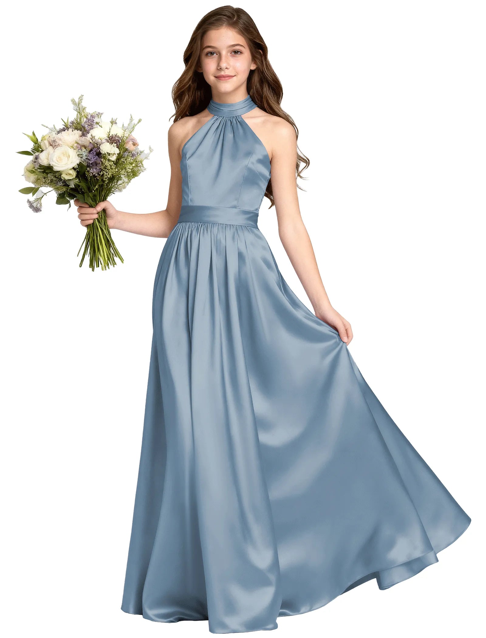 Girls Satin Halter Formal Dress With Elegant A-Line Skirt