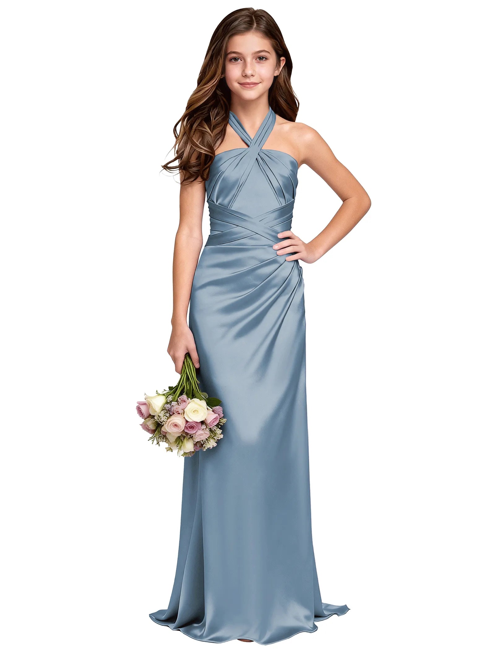 Girls Satin Halter Maxi Dress With Back Cutout