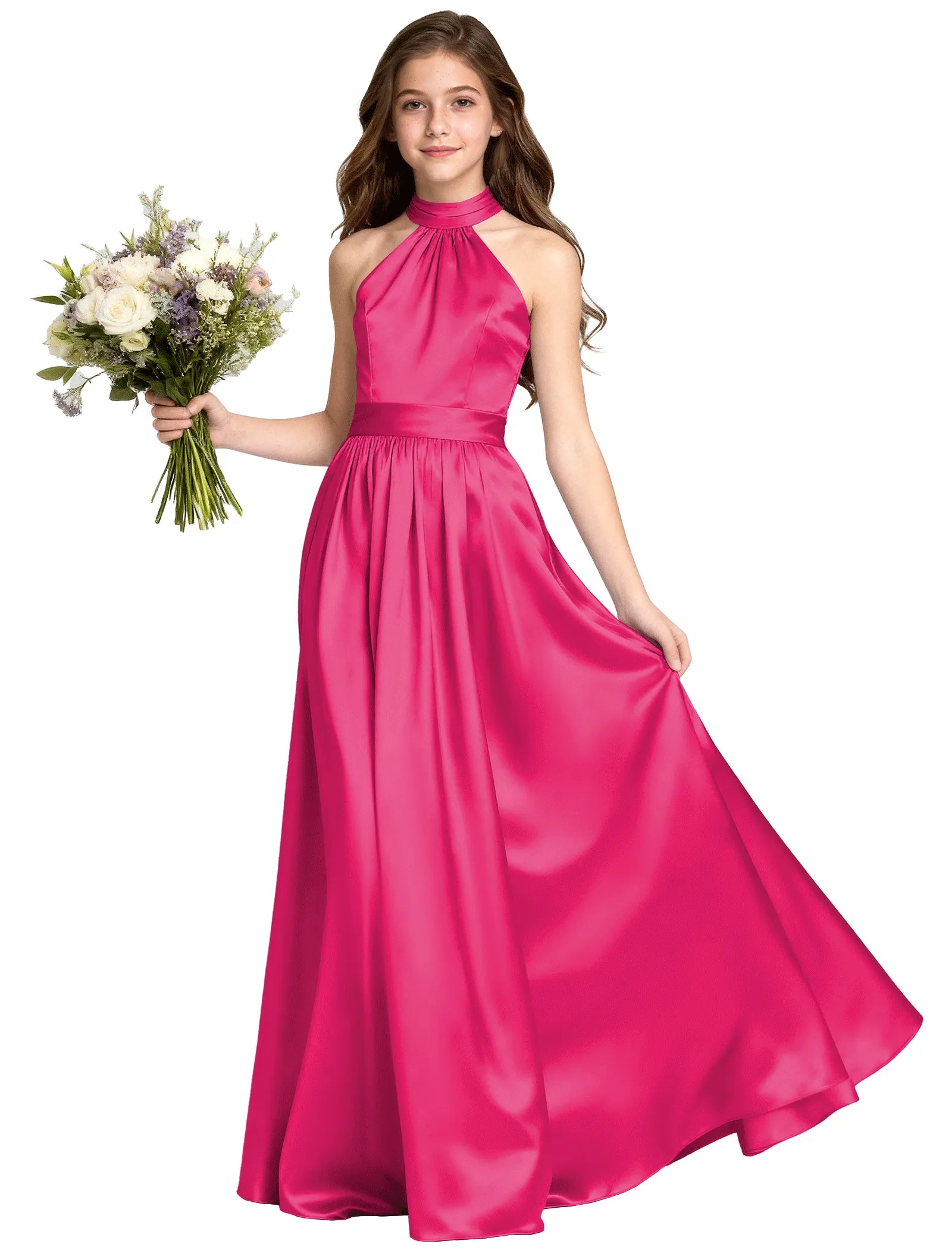 Girls Satin Halter Formal Dress With Elegant A-Line Skirt