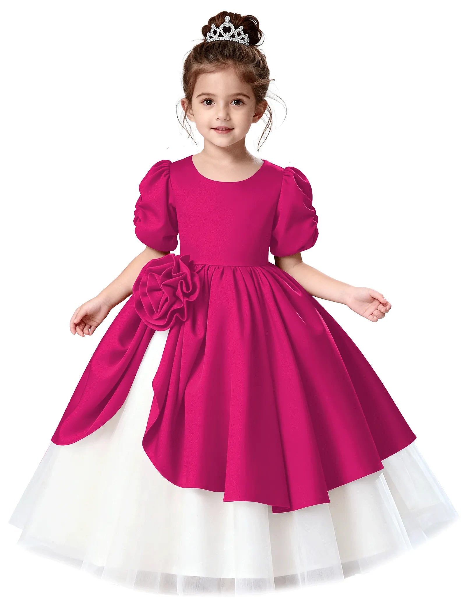 Satin Puff Sleeve Flower Girl Dress with Layered Skirt