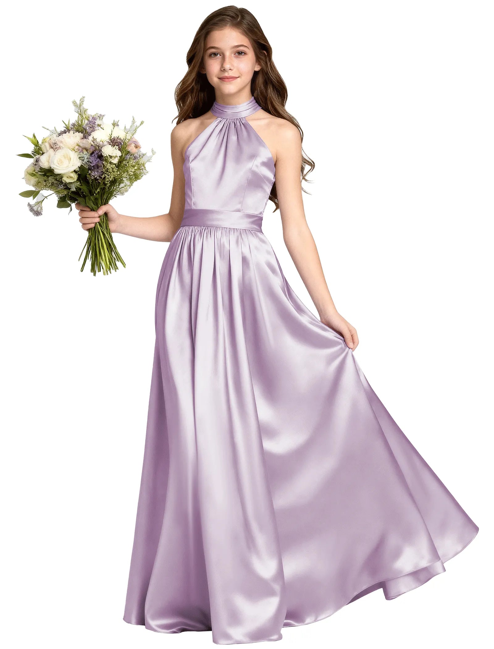 Girls Satin Halter Formal Dress With Elegant A-Line Skirt