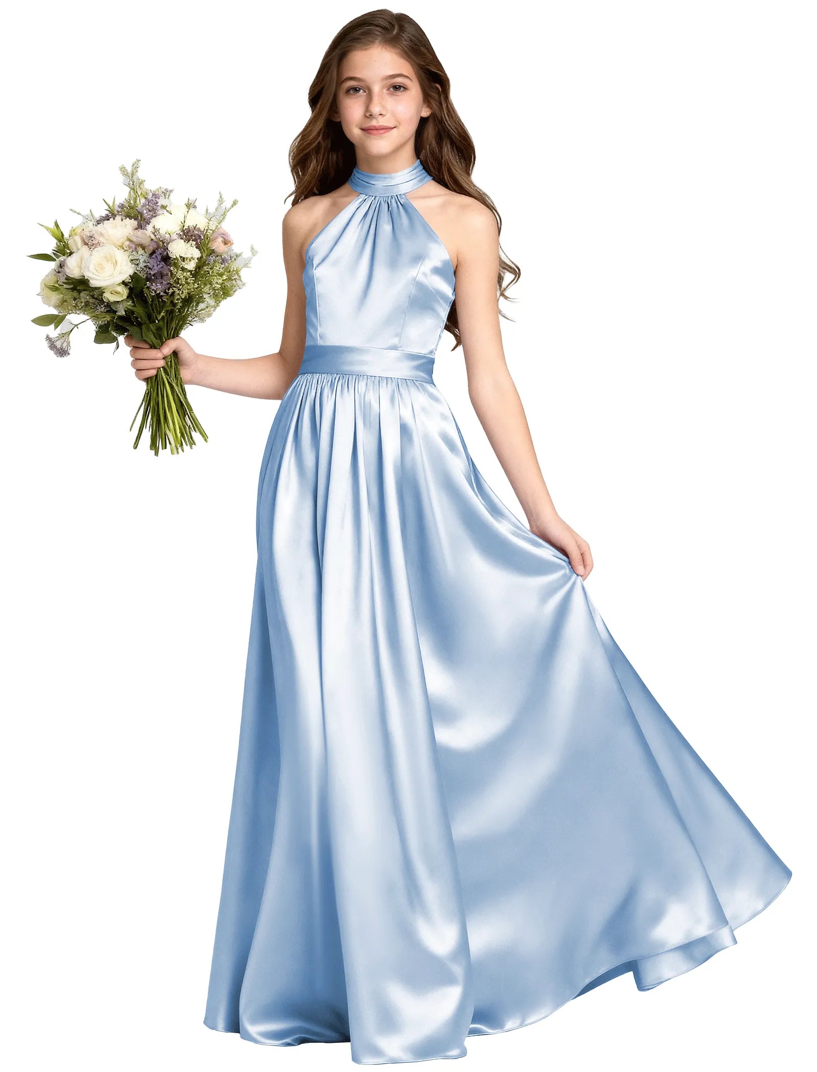 Girls Satin Halter Formal Dress With Elegant A-Line Skirt