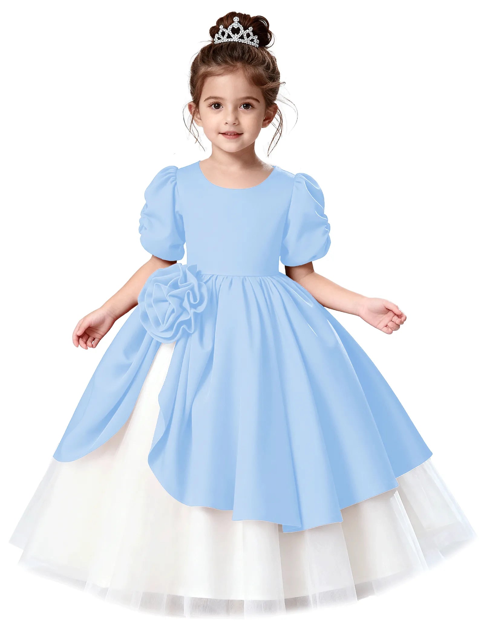 Satin Puff Sleeve Flower Girl Dress with Layered Skirt