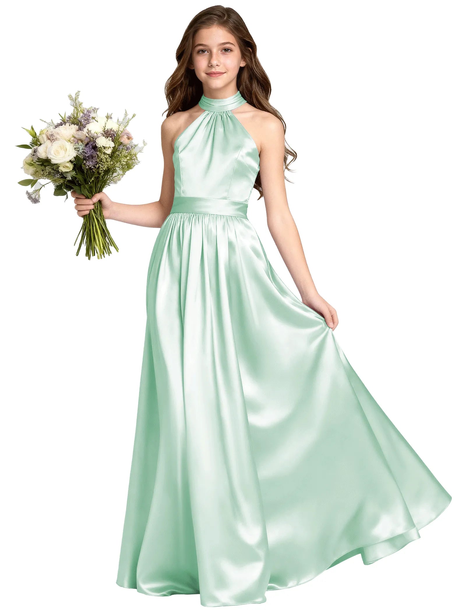 Girls Satin Halter Formal Dress With Elegant A-Line Skirt