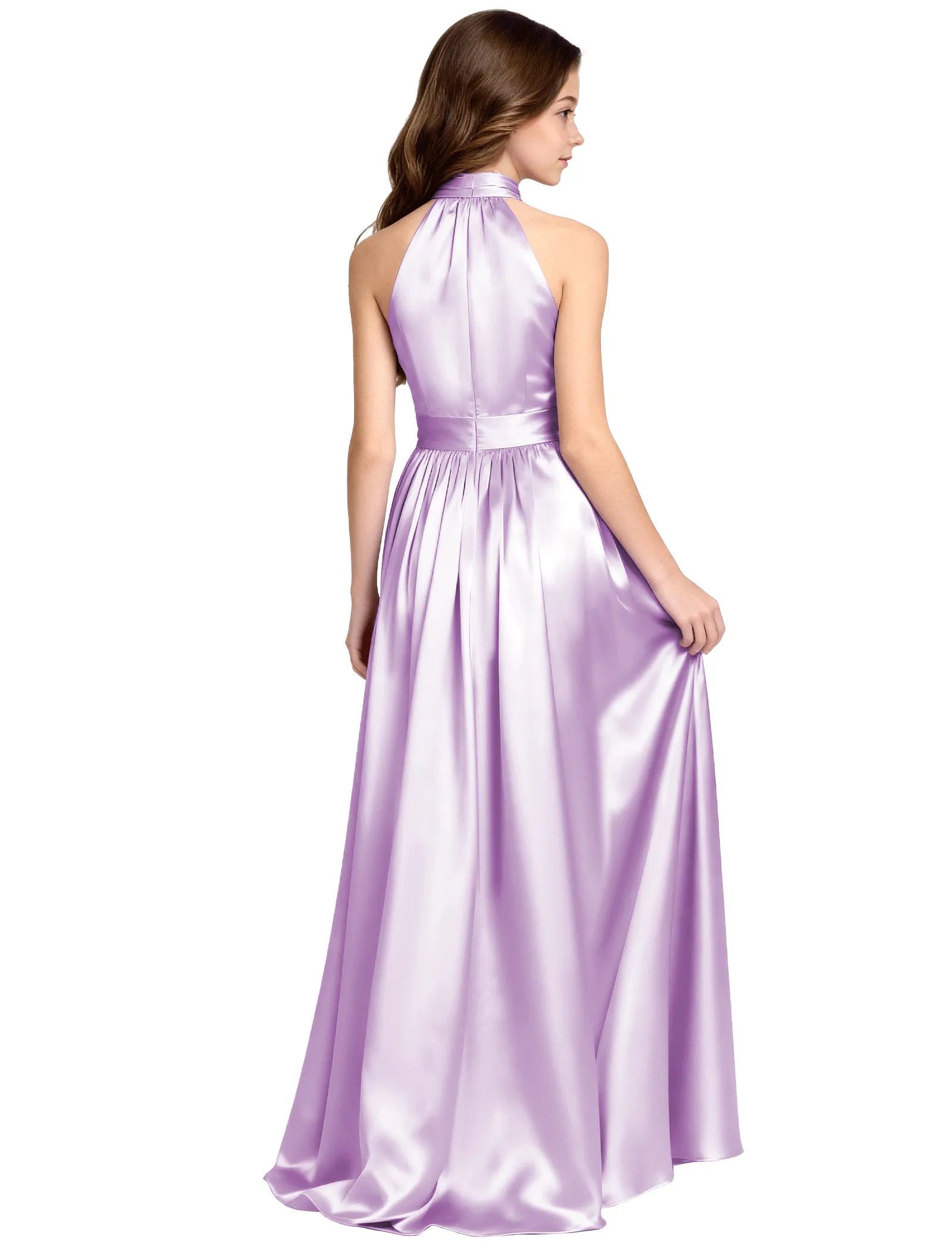 Girls Satin Halter Formal Dress With Elegant A-Line Skirt