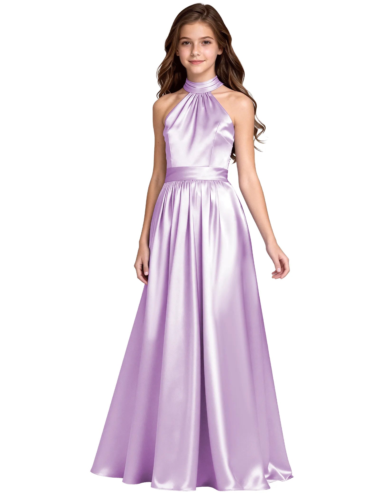 Girls Satin Halter Formal Dress With Elegant A-Line Skirt