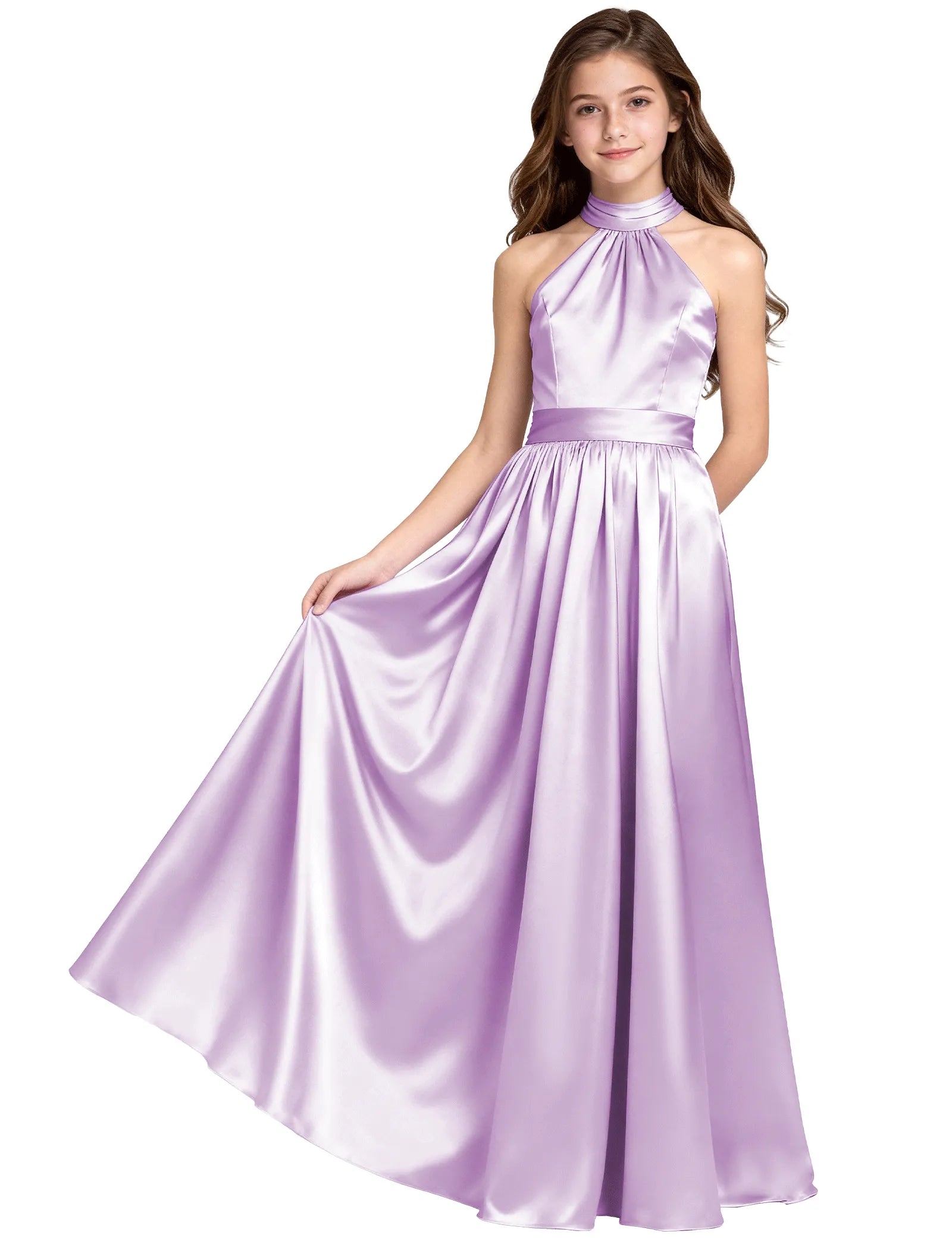 Girls Satin Halter Formal Dress With Elegant A-Line Skirt