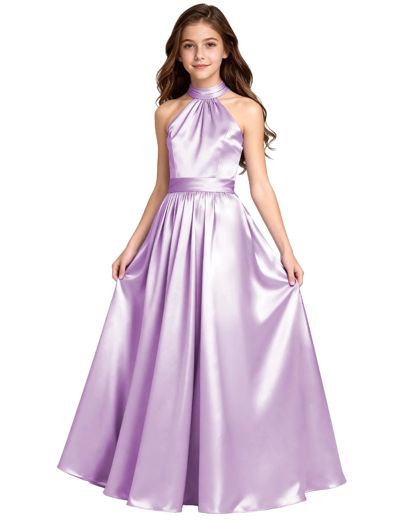 Girls Satin Halter Formal Dress With Elegant A-Line Skirt