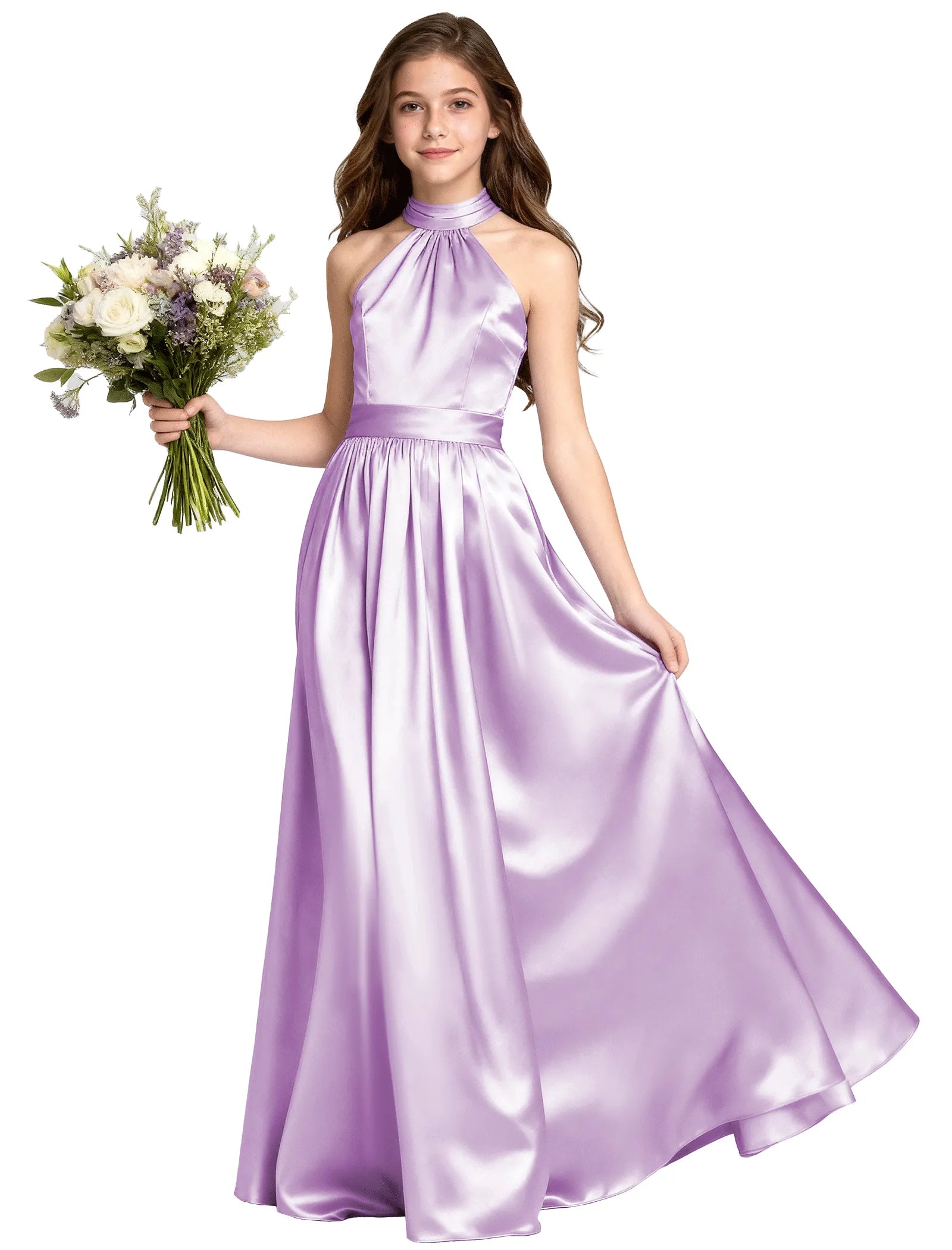 Girls Satin Halter Formal Dress With Elegant A-Line Skirt
