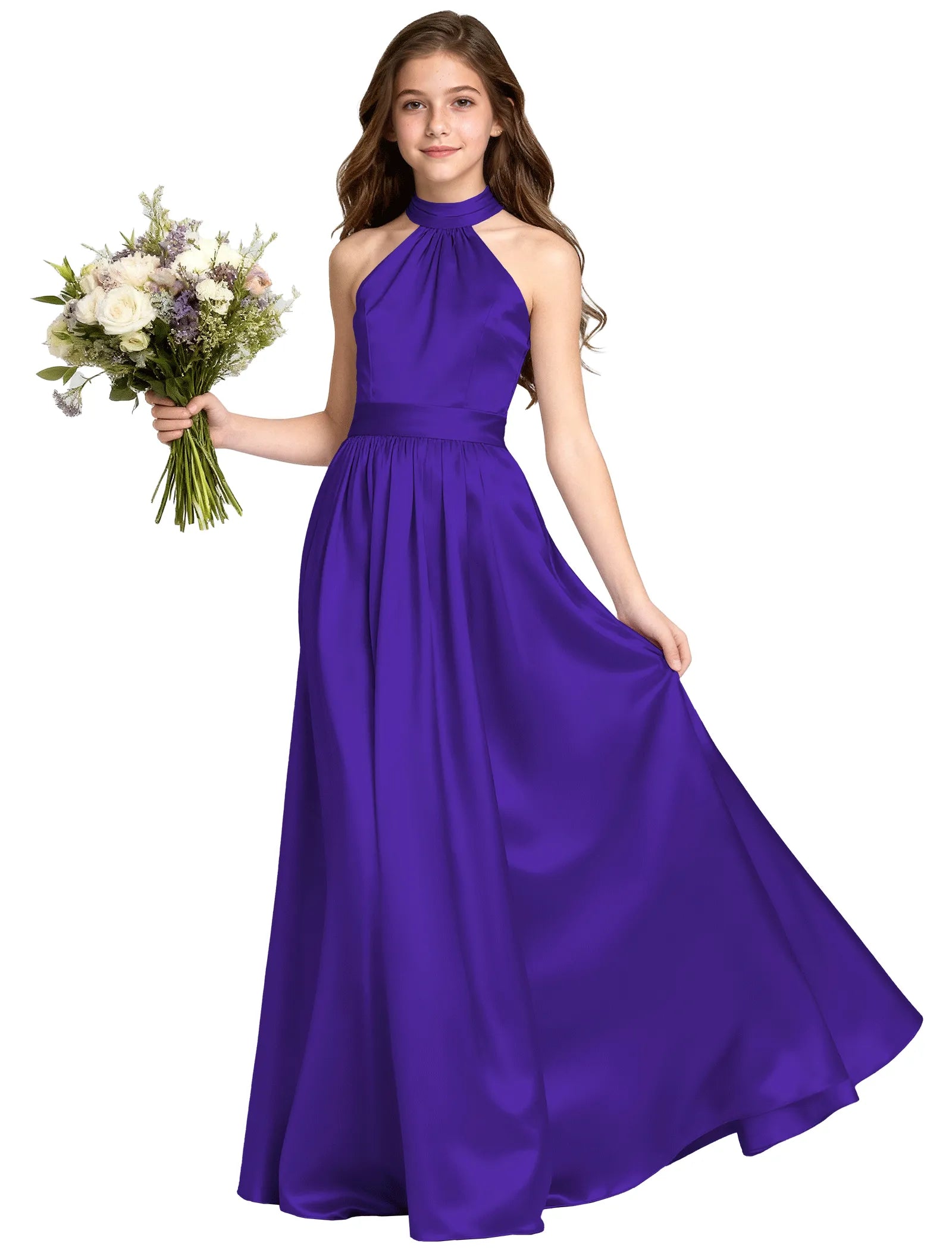Girls Satin Halter Formal Dress With Elegant A-Line Skirt