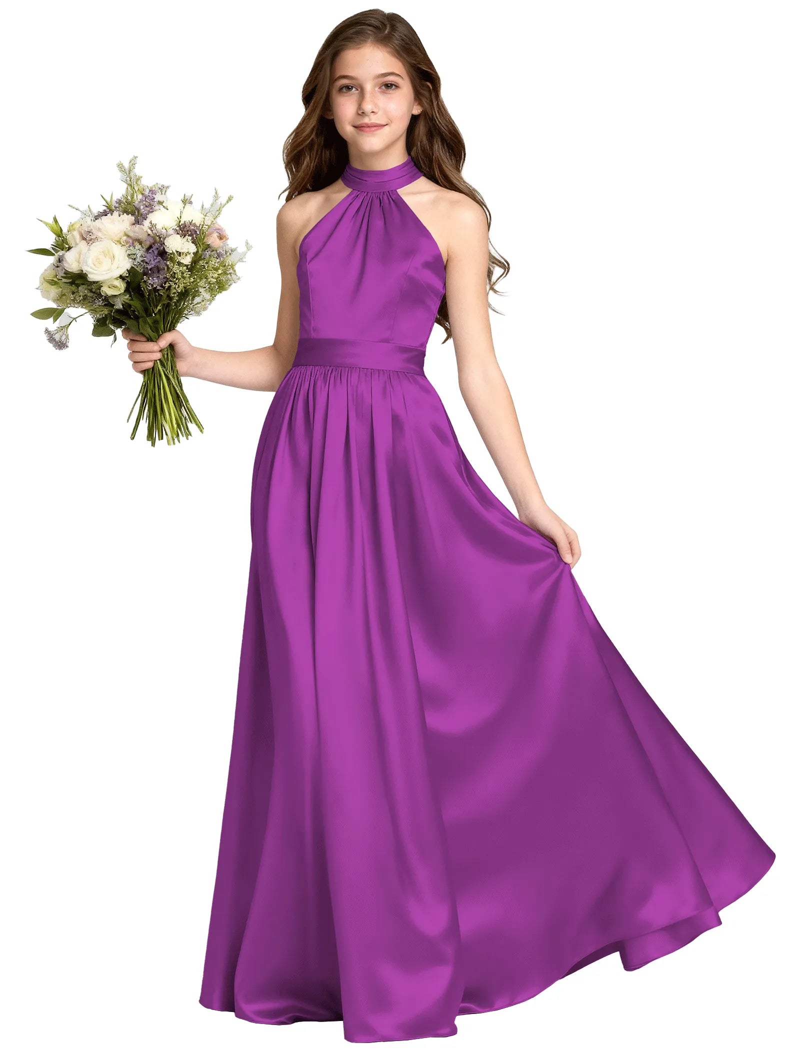Girls Satin Halter Formal Dress With Elegant A-Line Skirt