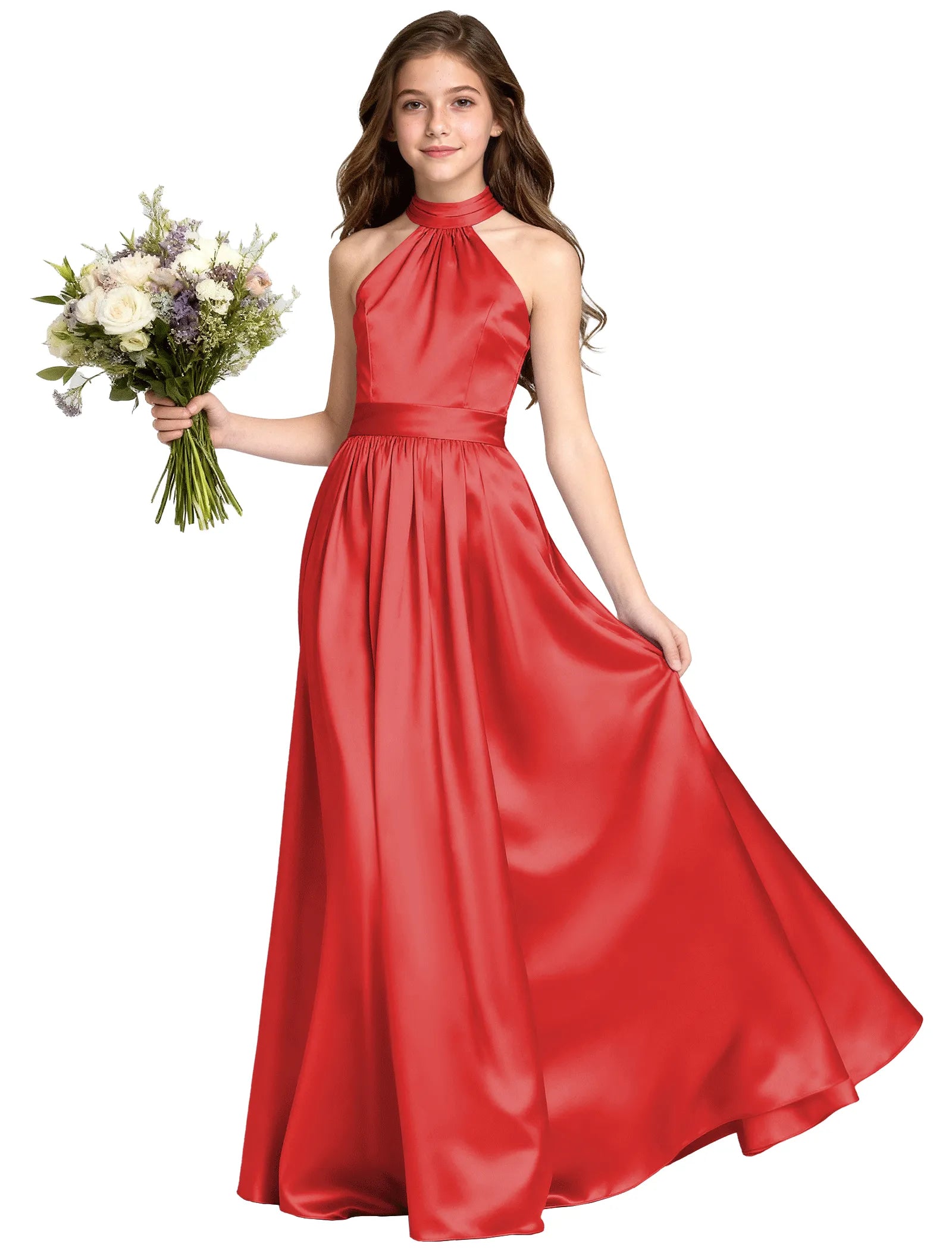 Girls Satin Halter Formal Dress With Elegant A-Line Skirt