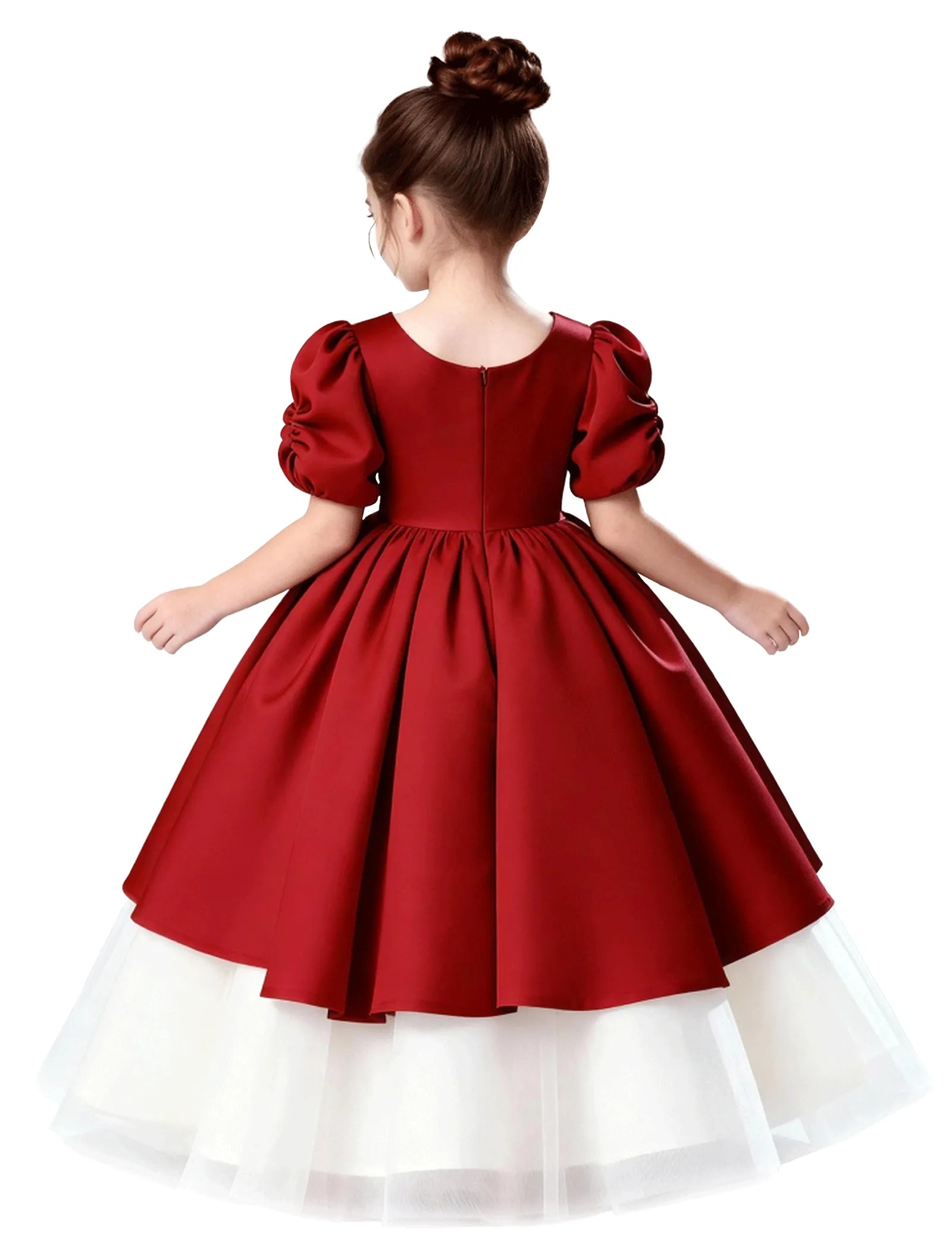 Satin Puff Sleeve Flower Girl Dress with Layered Skirt