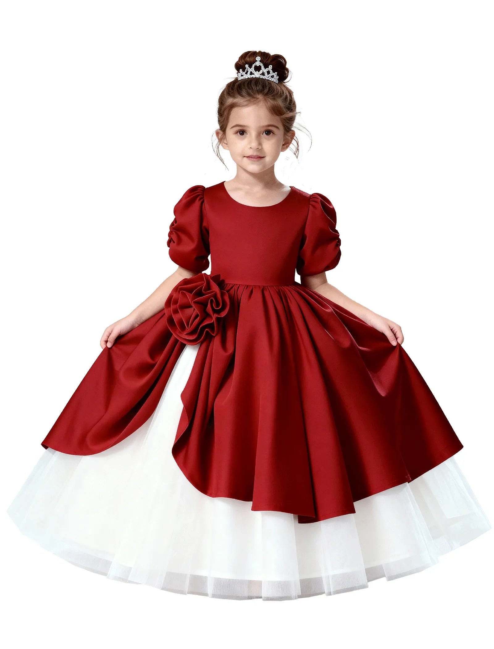 Satin Puff Sleeve Flower Girl Dress with Layered Skirt