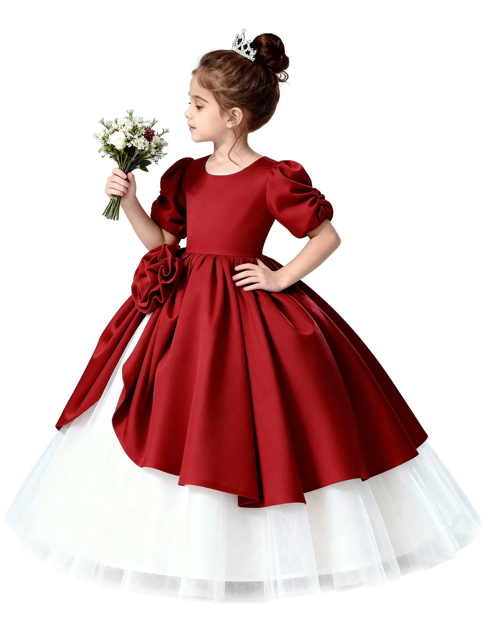 Satin Puff Sleeve Flower Girl Dress with Layered Skirt