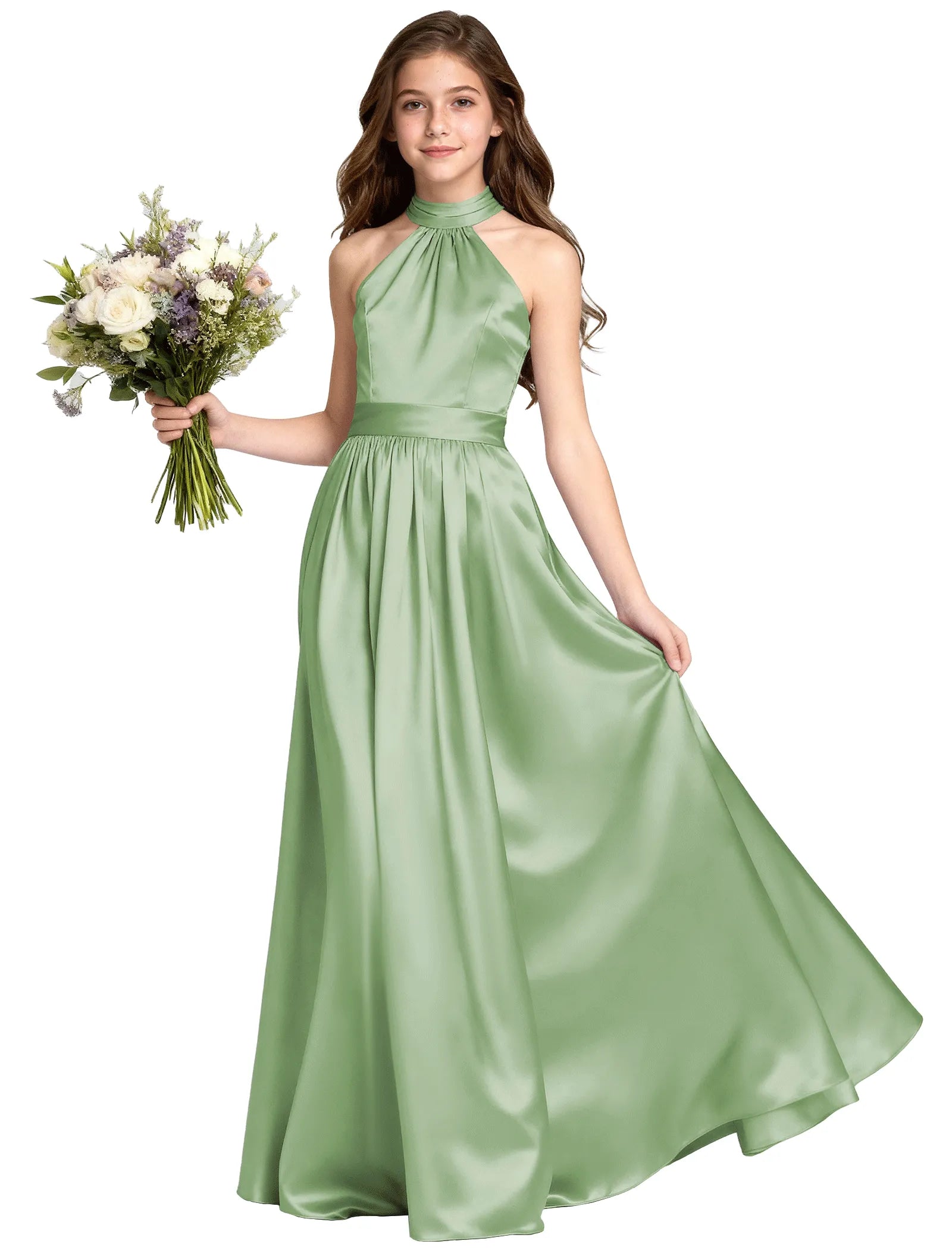 Girls Satin Halter Formal Dress With Elegant A-Line Skirt