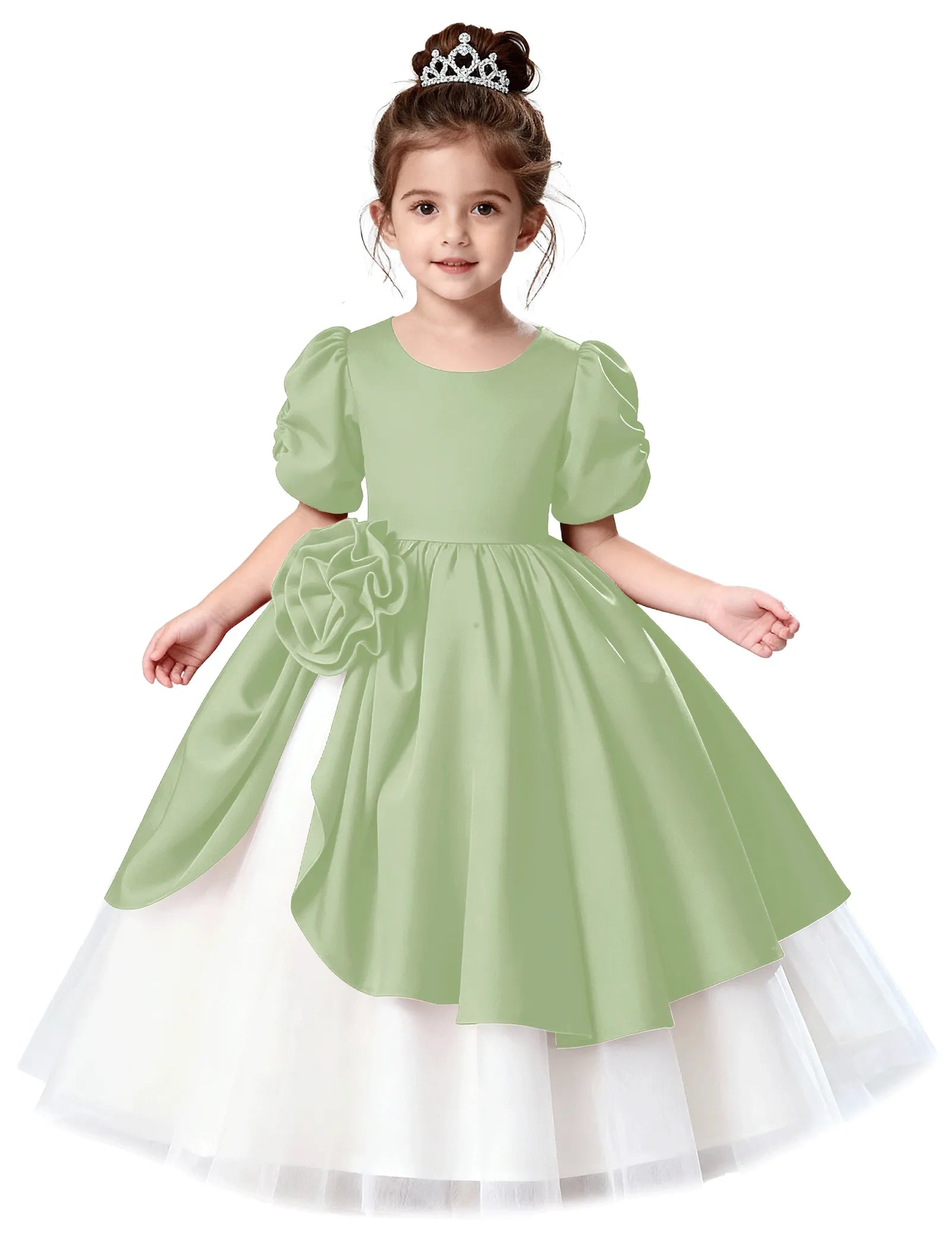 Satin Puff Sleeve Flower Girl Dress with Layered Skirt