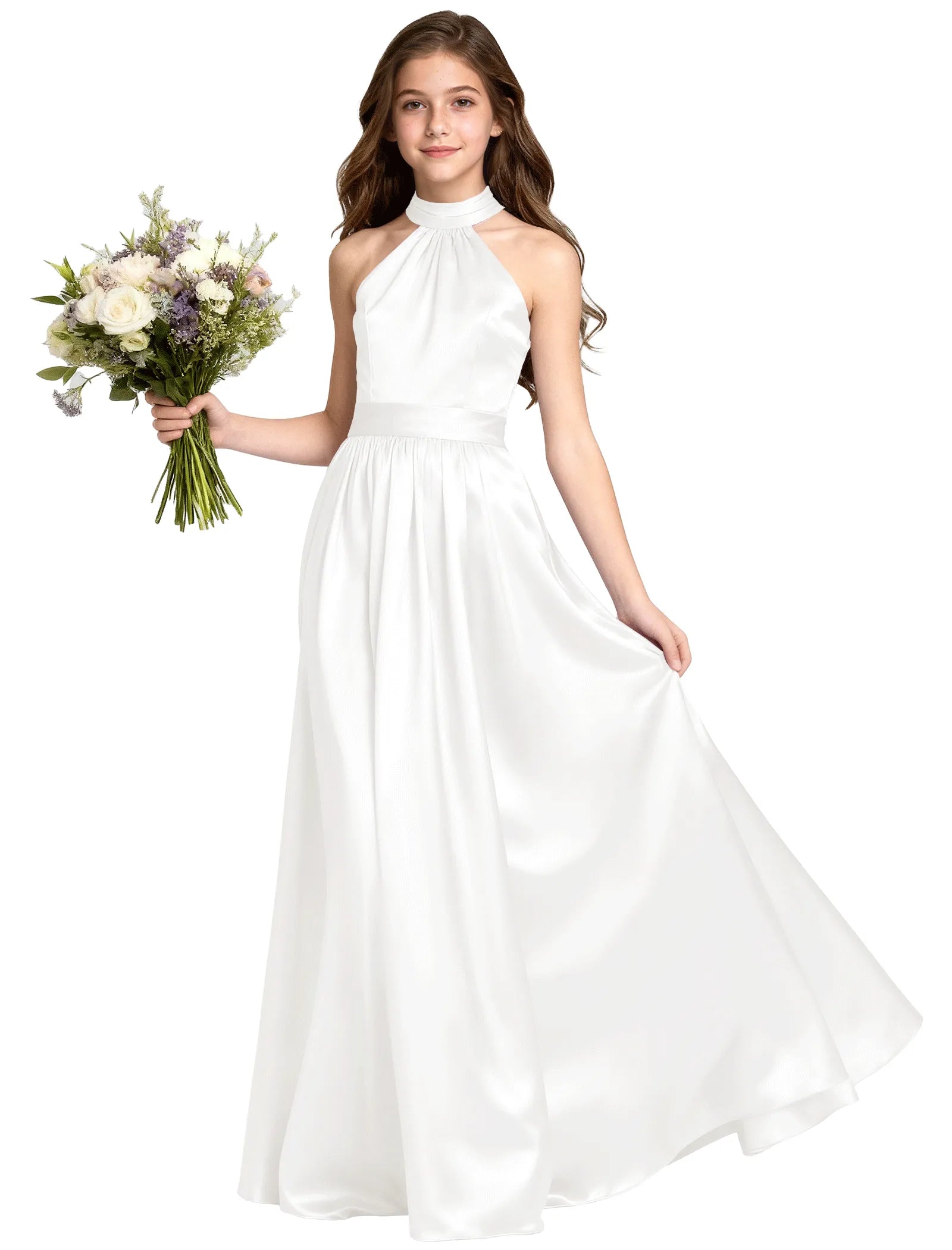 Girls Satin Halter Formal Dress With Elegant A-Line Skirt