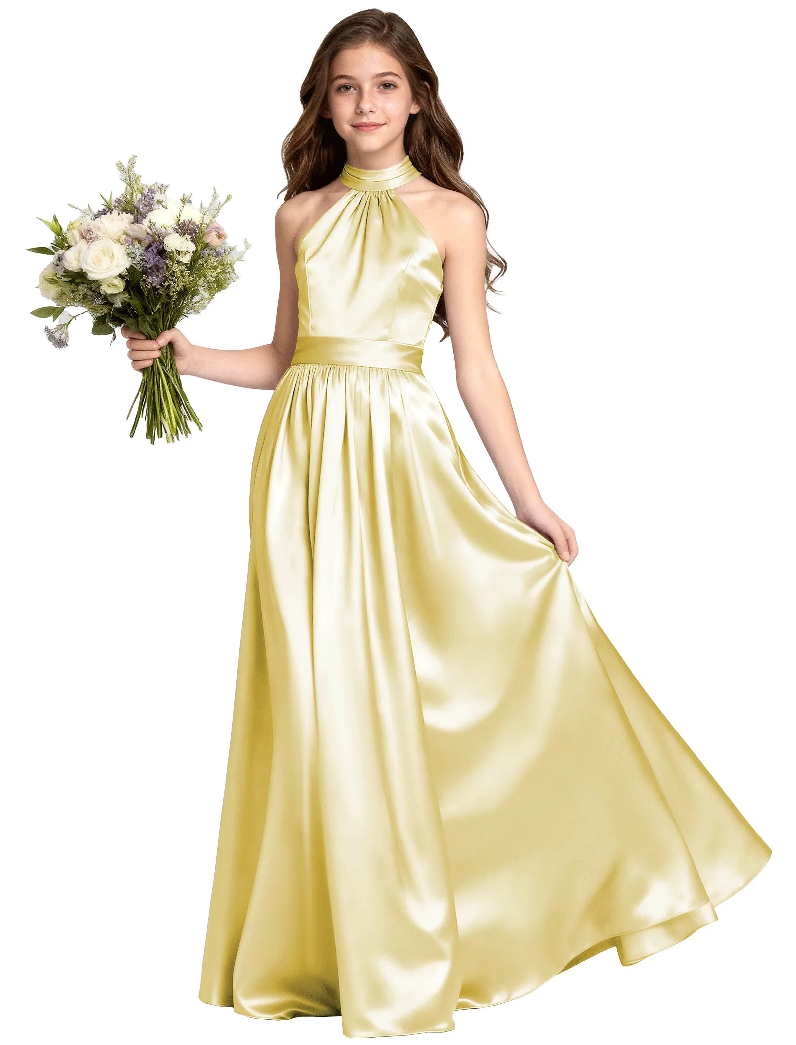 Girls Satin Halter Formal Dress With Elegant A-Line Skirt
