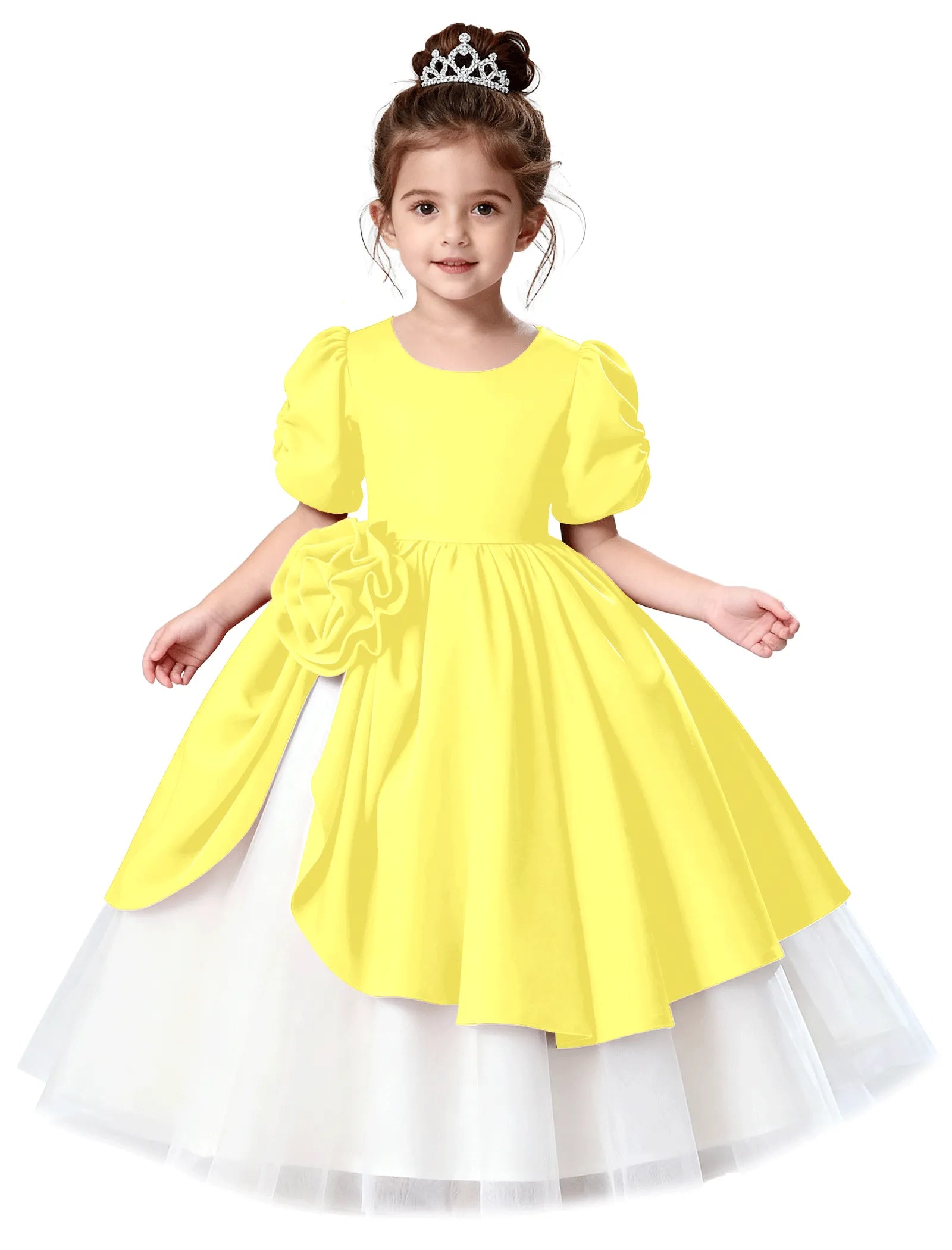 Satin Puff Sleeve Flower Girl Dress with Layered Skirt
