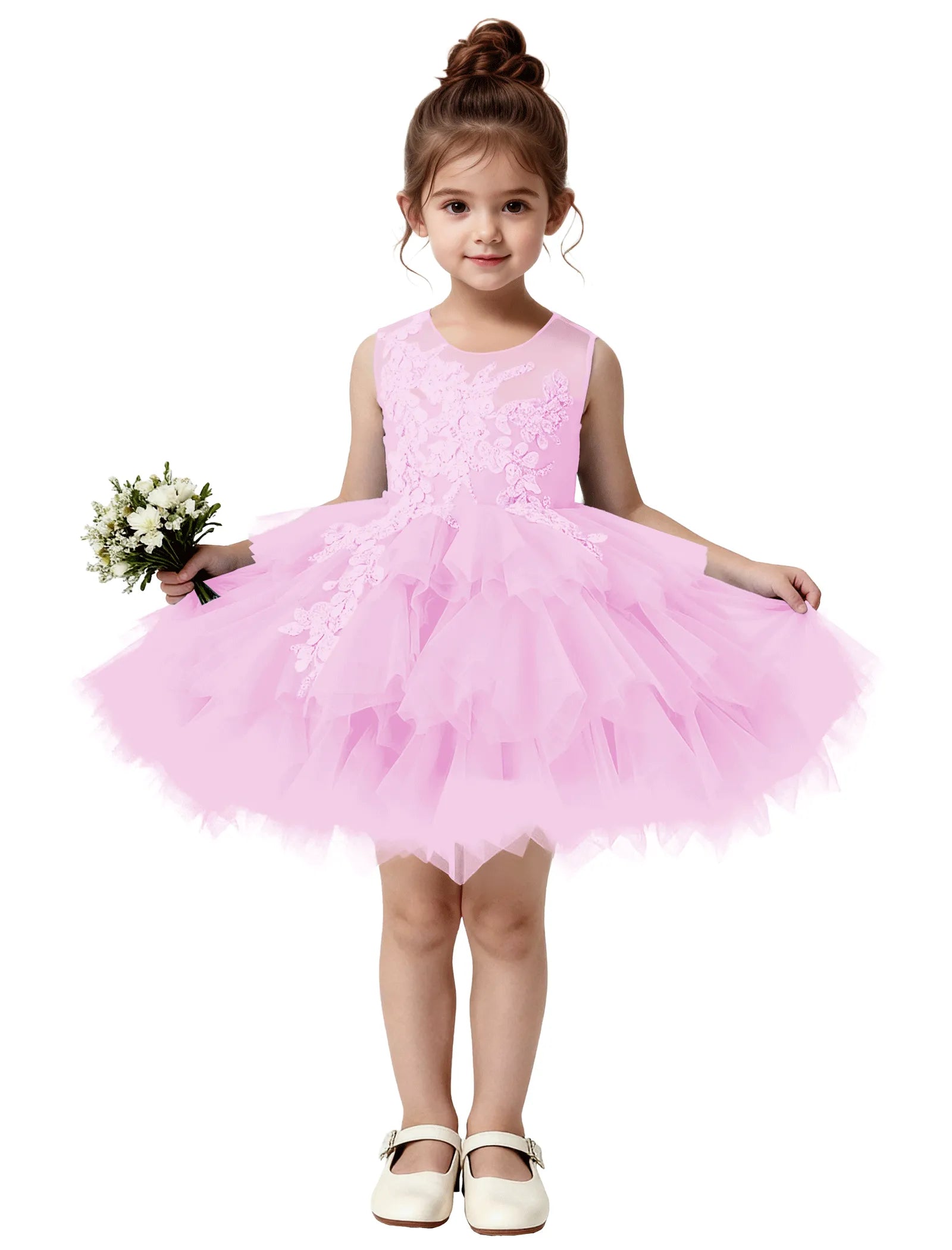 Princess Ruffle Party Dress with Mesh and Appliqué
