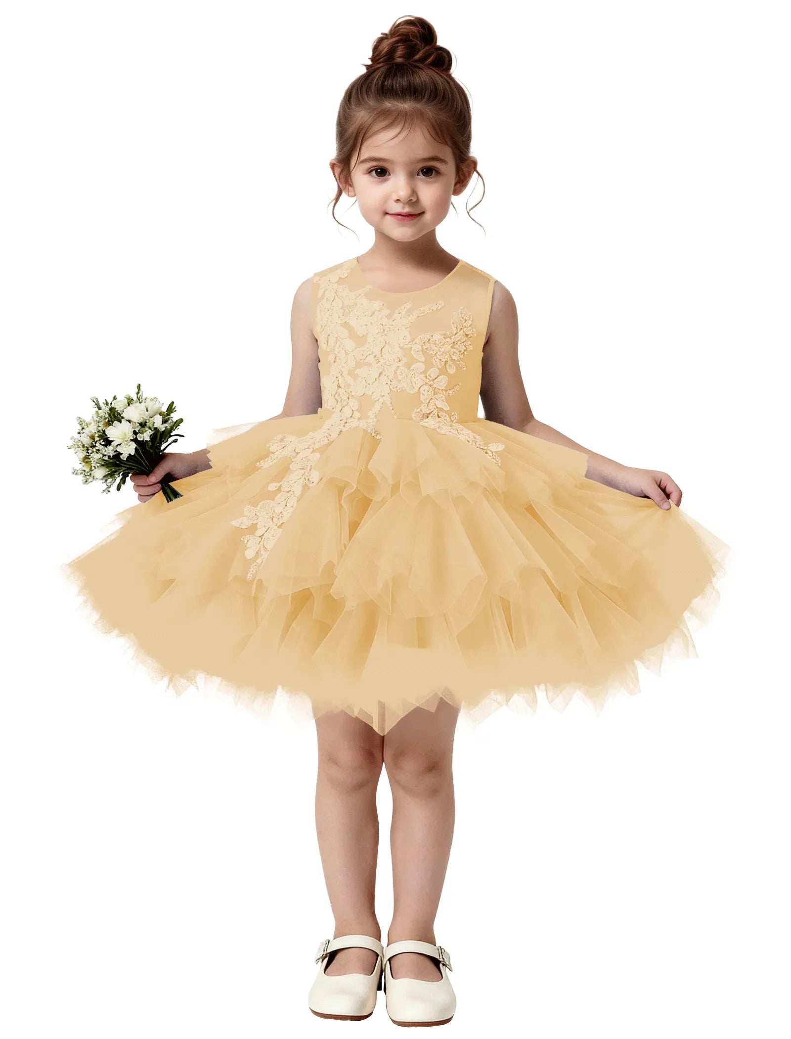 Princess Ruffle Party Dress with Mesh and Appliqué