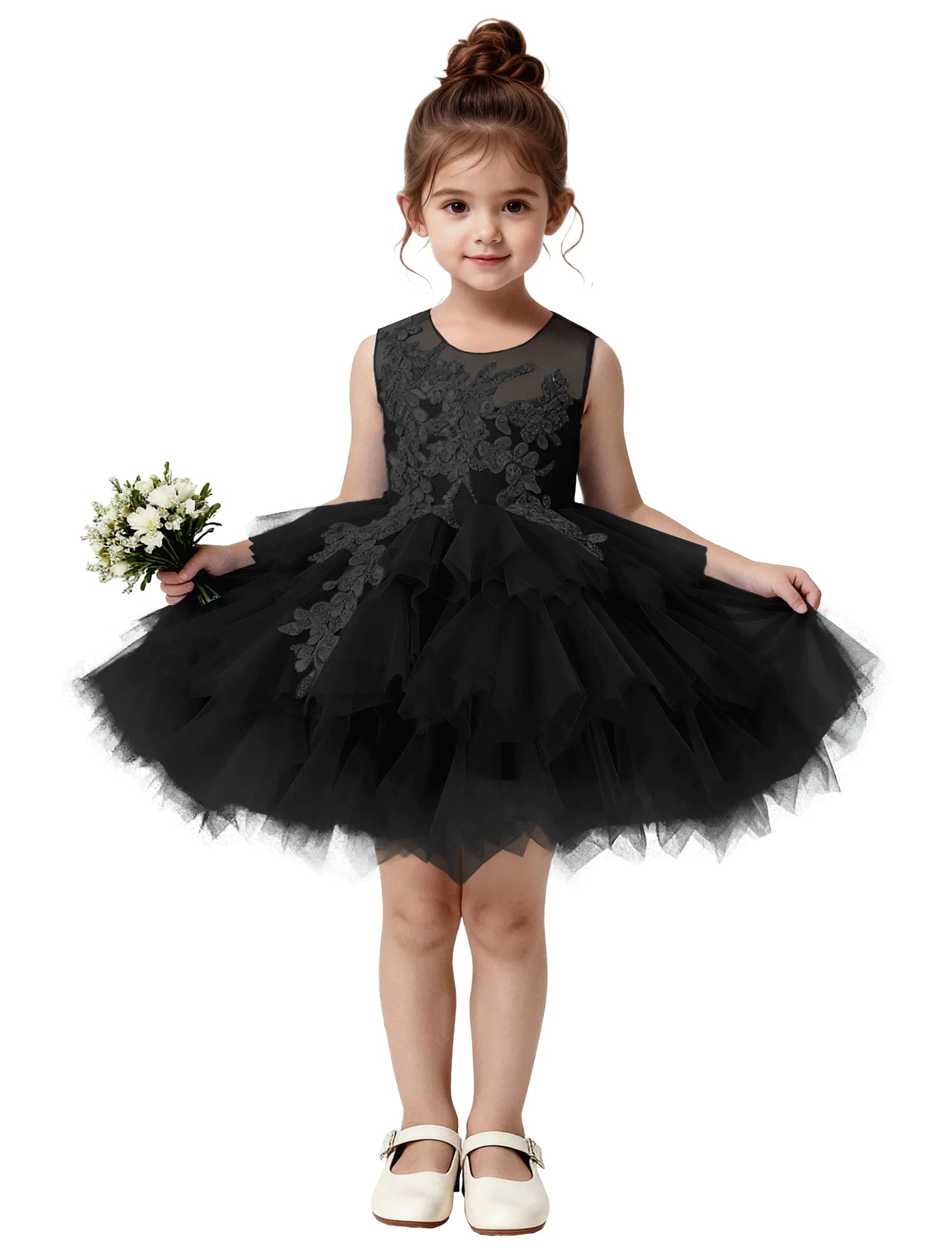 Princess Ruffle Party Dress with Mesh and Appliqué