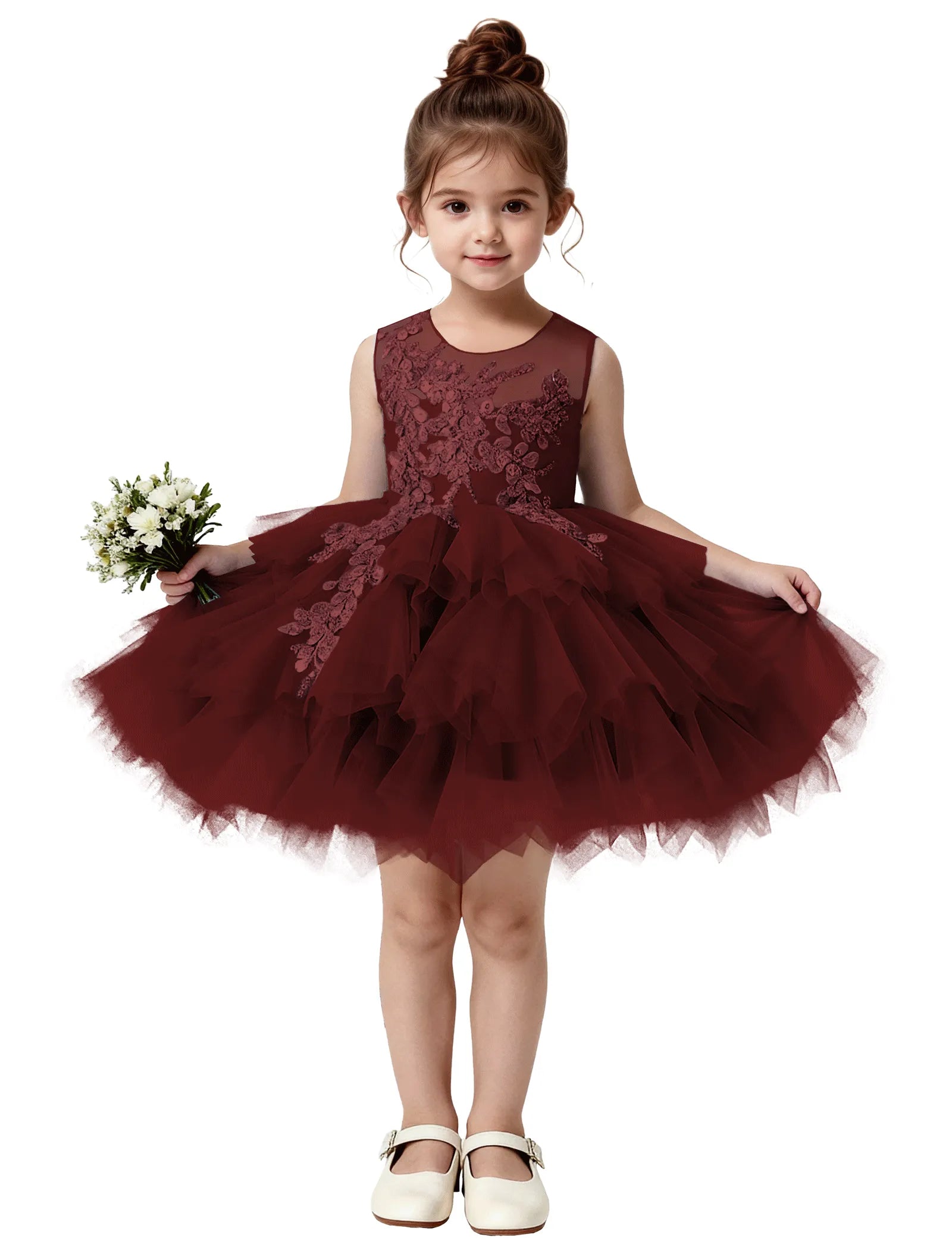 Princess Ruffle Party Dress with Mesh and Appliqué