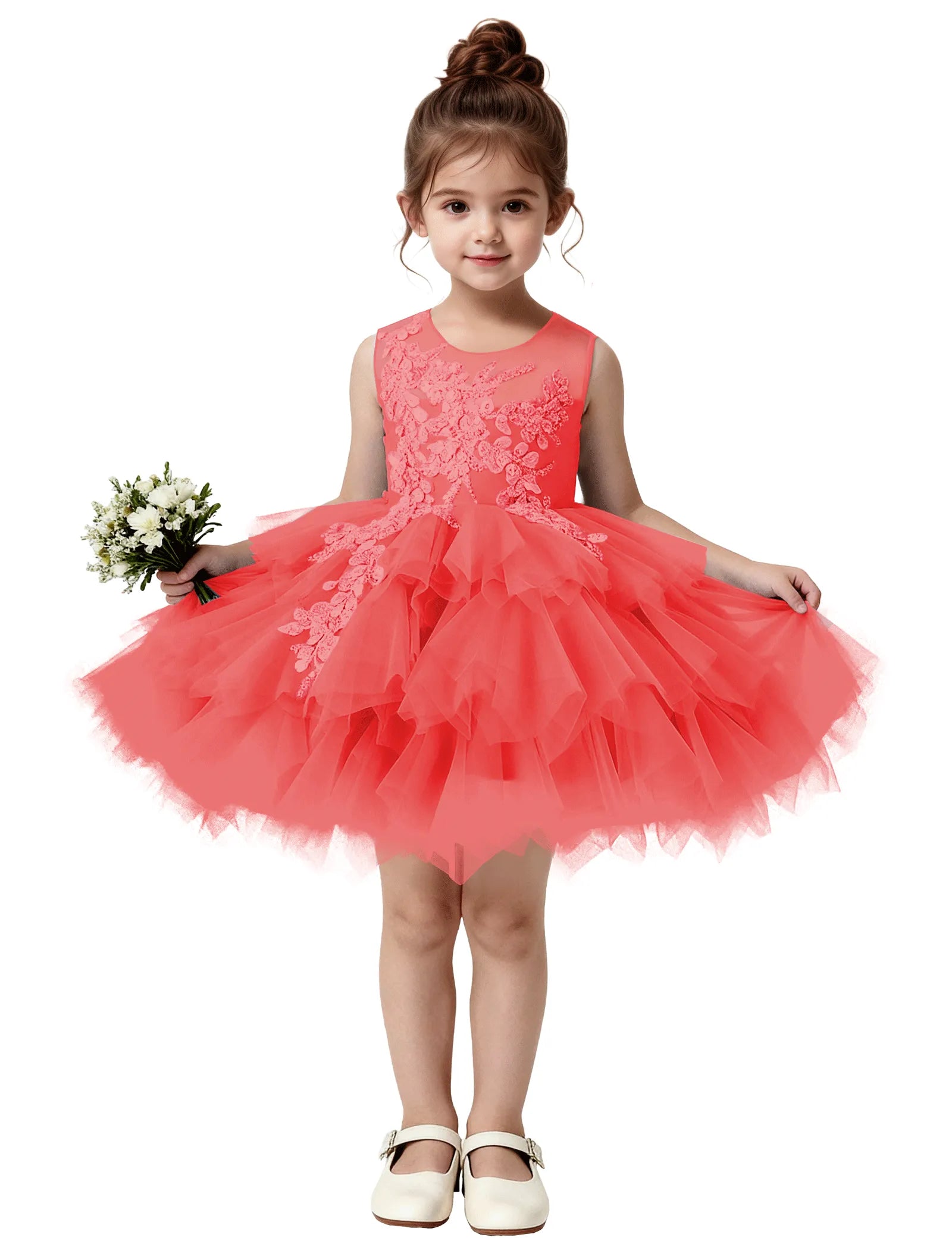 Princess Ruffle Party Dress with Mesh and Appliqué