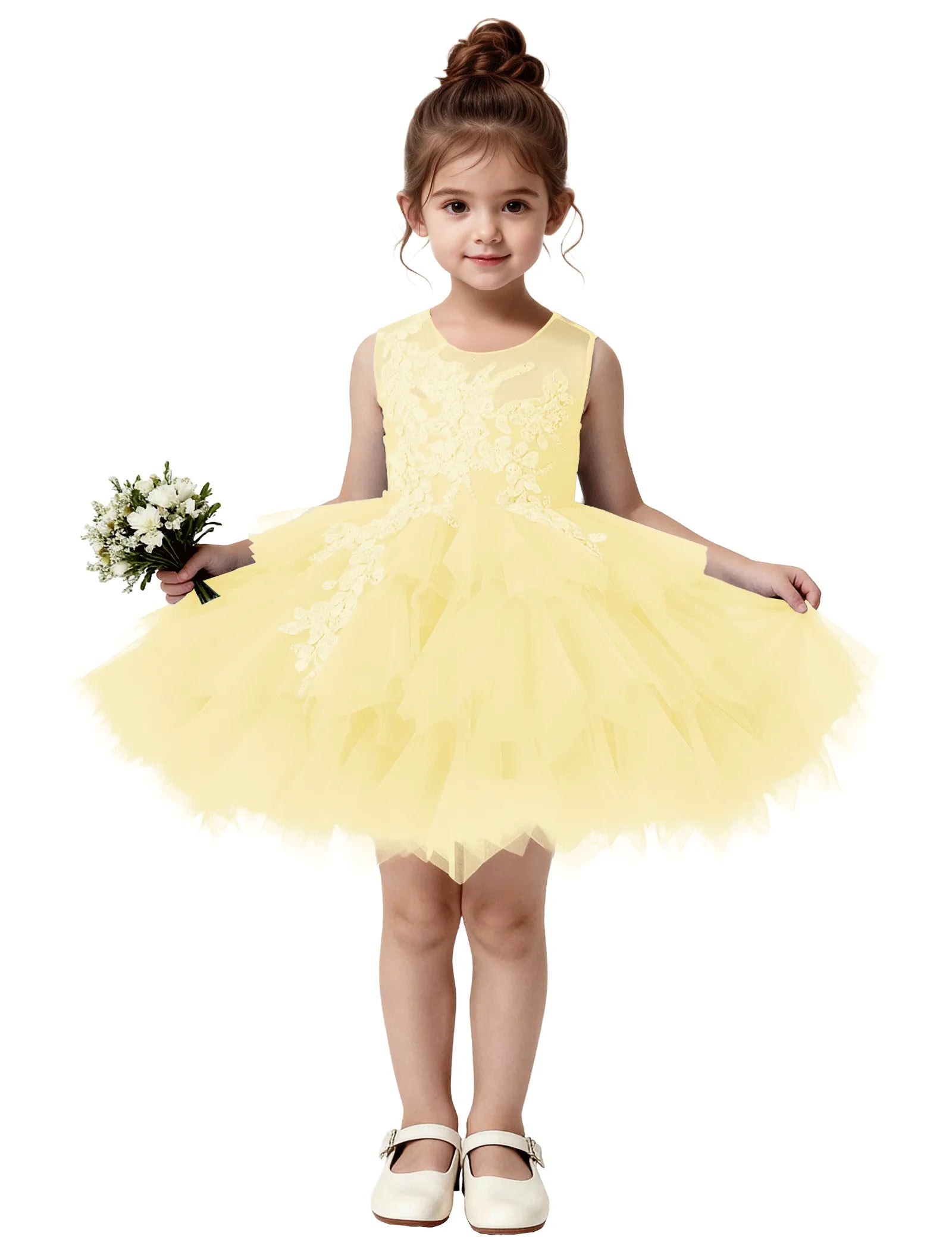 Princess Ruffle Party Dress with Mesh and Appliqué