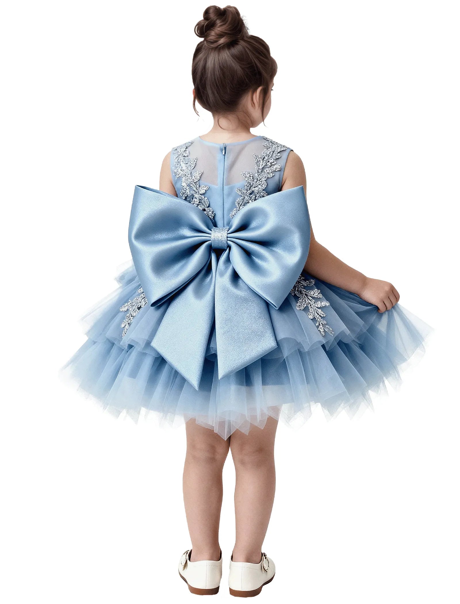 Princess Ruffle Party Dress with Mesh and Appliqué