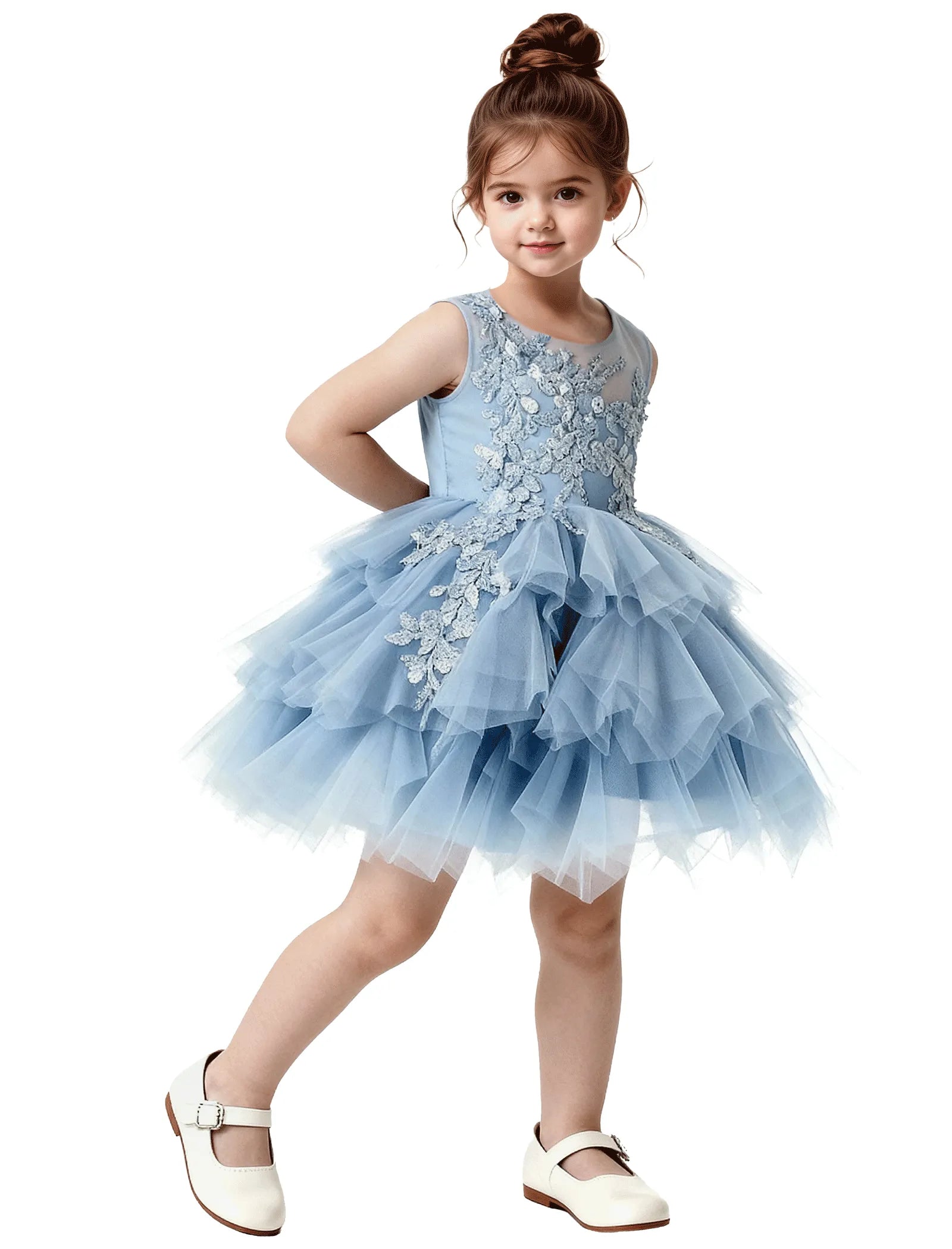 Princess Ruffle Party Dress with Mesh and Appliqué