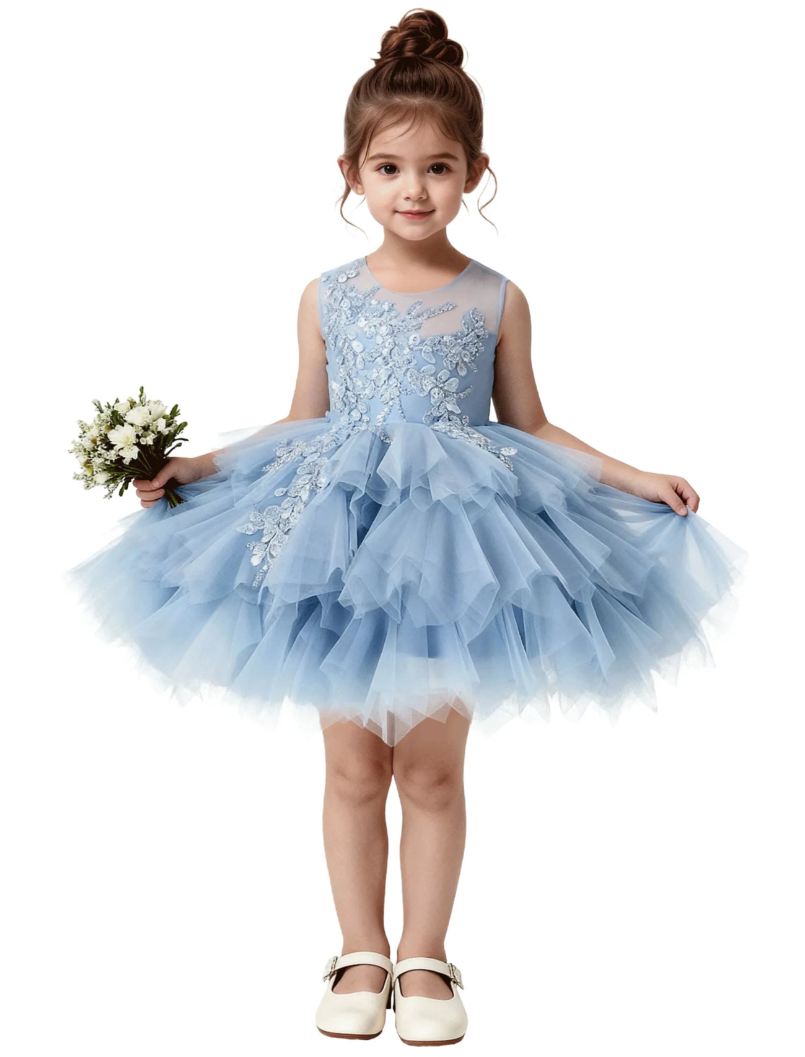 Princess Ruffle Party Dress with Mesh and Appliqué