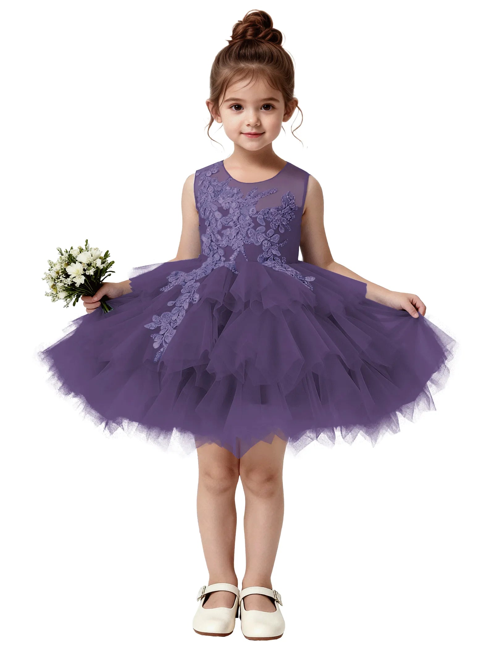 Princess Ruffle Party Dress with Mesh and Appliqué