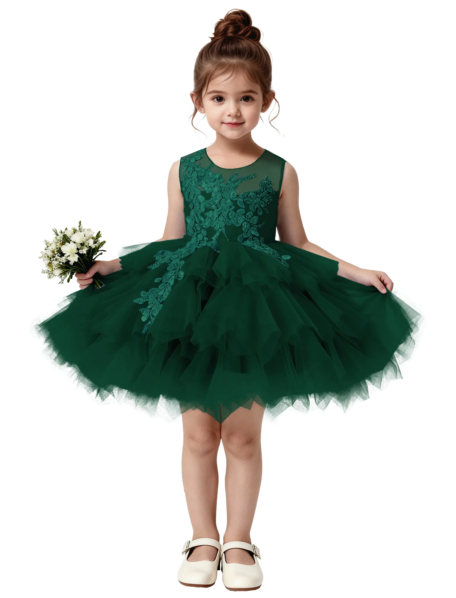 Princess Ruffle Party Dress with Mesh and Appliqué