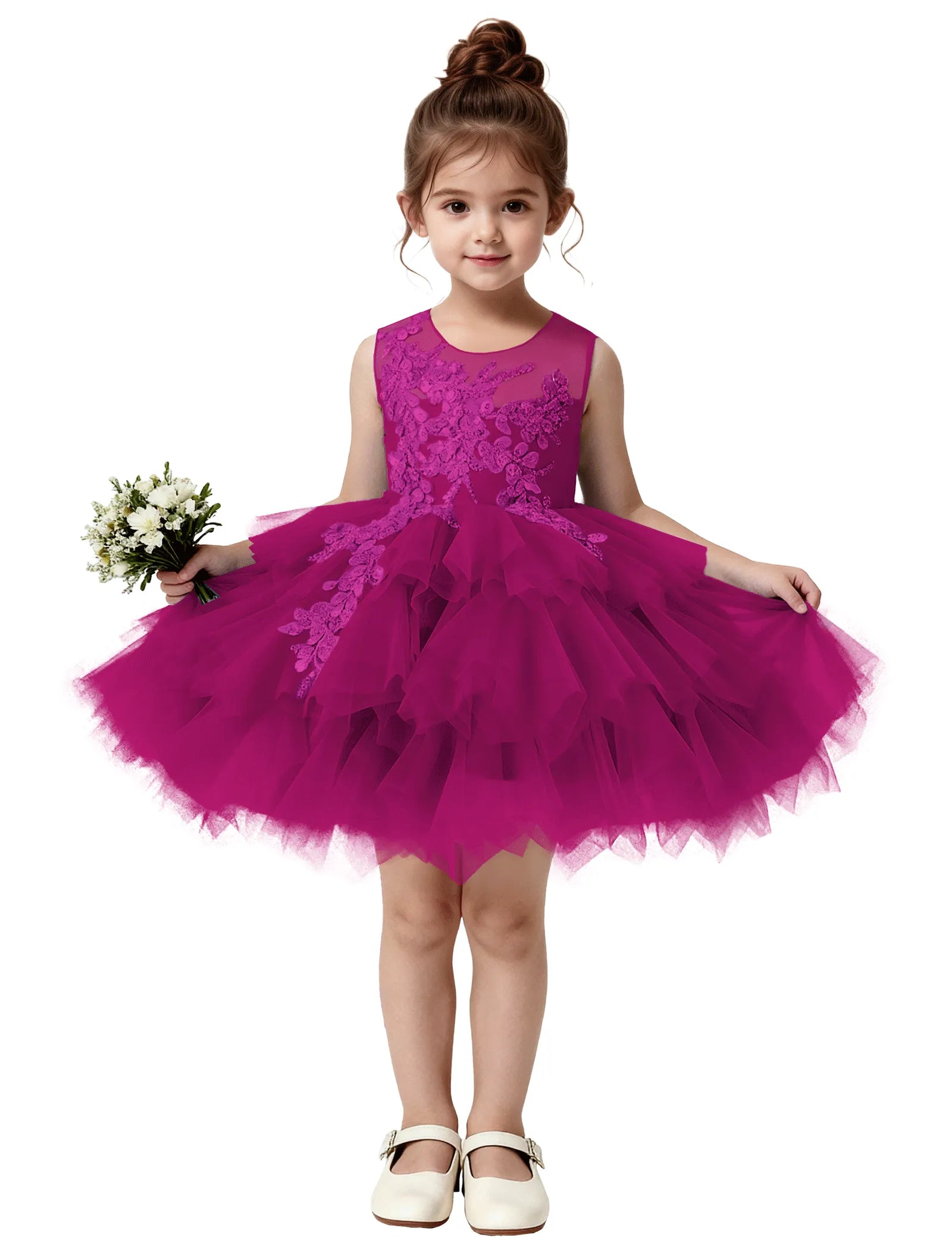 Princess Ruffle Party Dress with Mesh and Appliqué