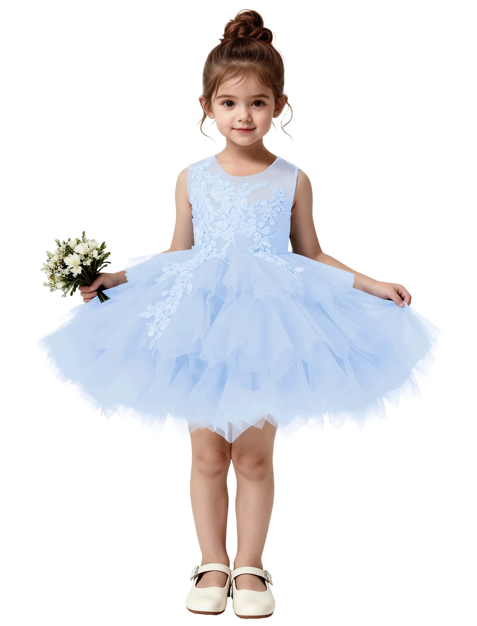 Princess Ruffle Party Dress with Mesh and Appliqué
