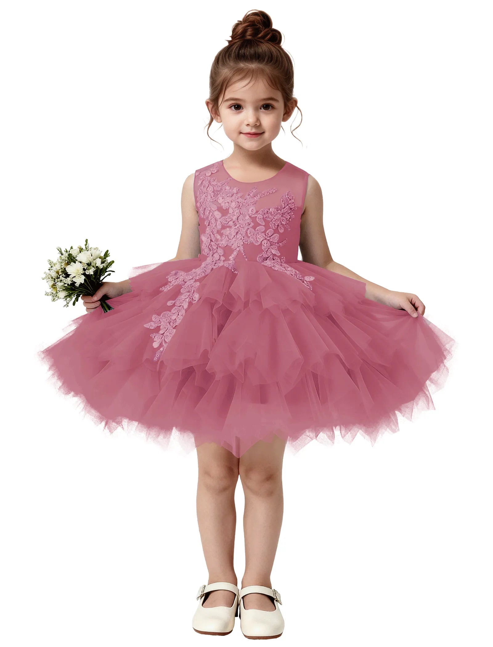Princess Ruffle Party Dress with Mesh and Appliqué