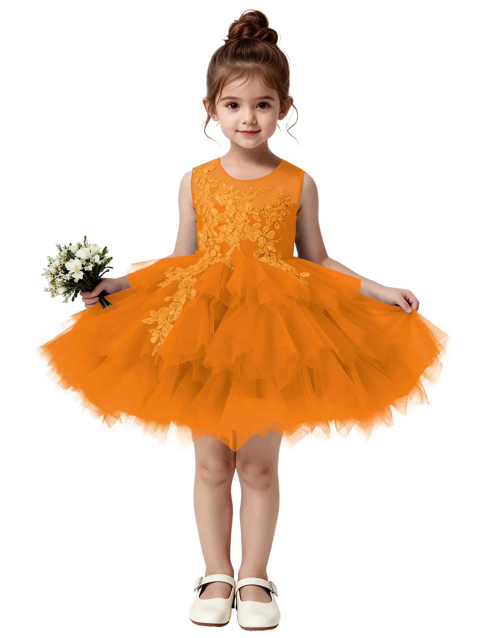 Princess Ruffle Party Dress with Mesh and Appliqué